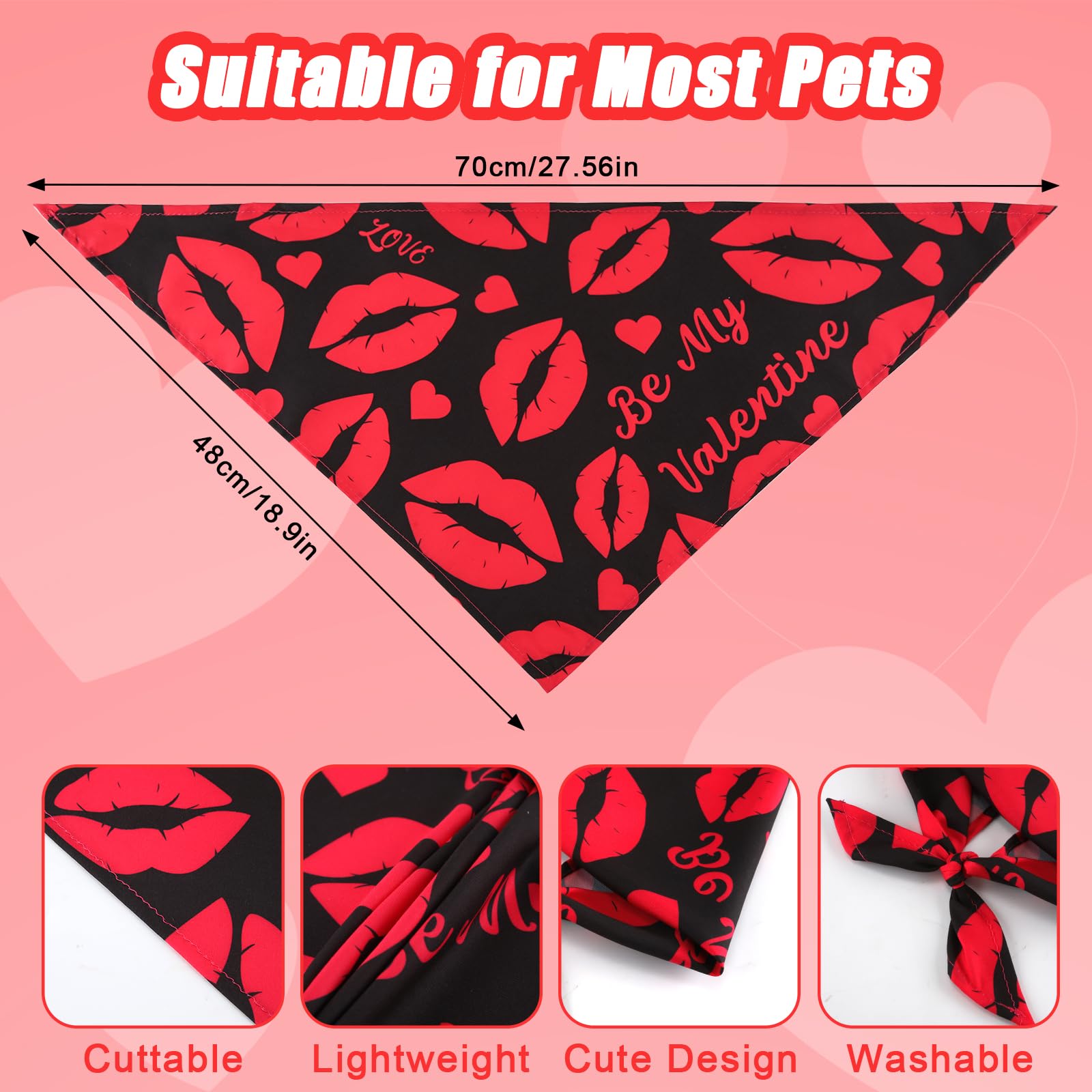 3pcs Valentine's Day Dog Bandanas, 3 Styles Universal Size Triangle Dog Scarf Bibs Heart Red Lip Romantic Holiday Dog Costume for Small, Medium, Large Dog Cat (Combination 2)