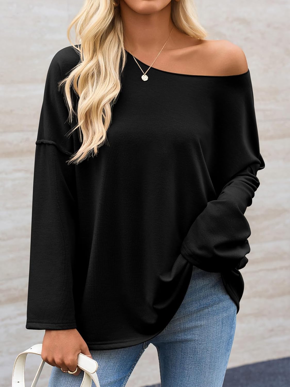 Tankaneo Womens Oversized Off The Shoulder Tshirts Summer Casual Long Sleeve Tunic Tops Boat Neck Loose Fit Flowy Sweatshirt - Image 5