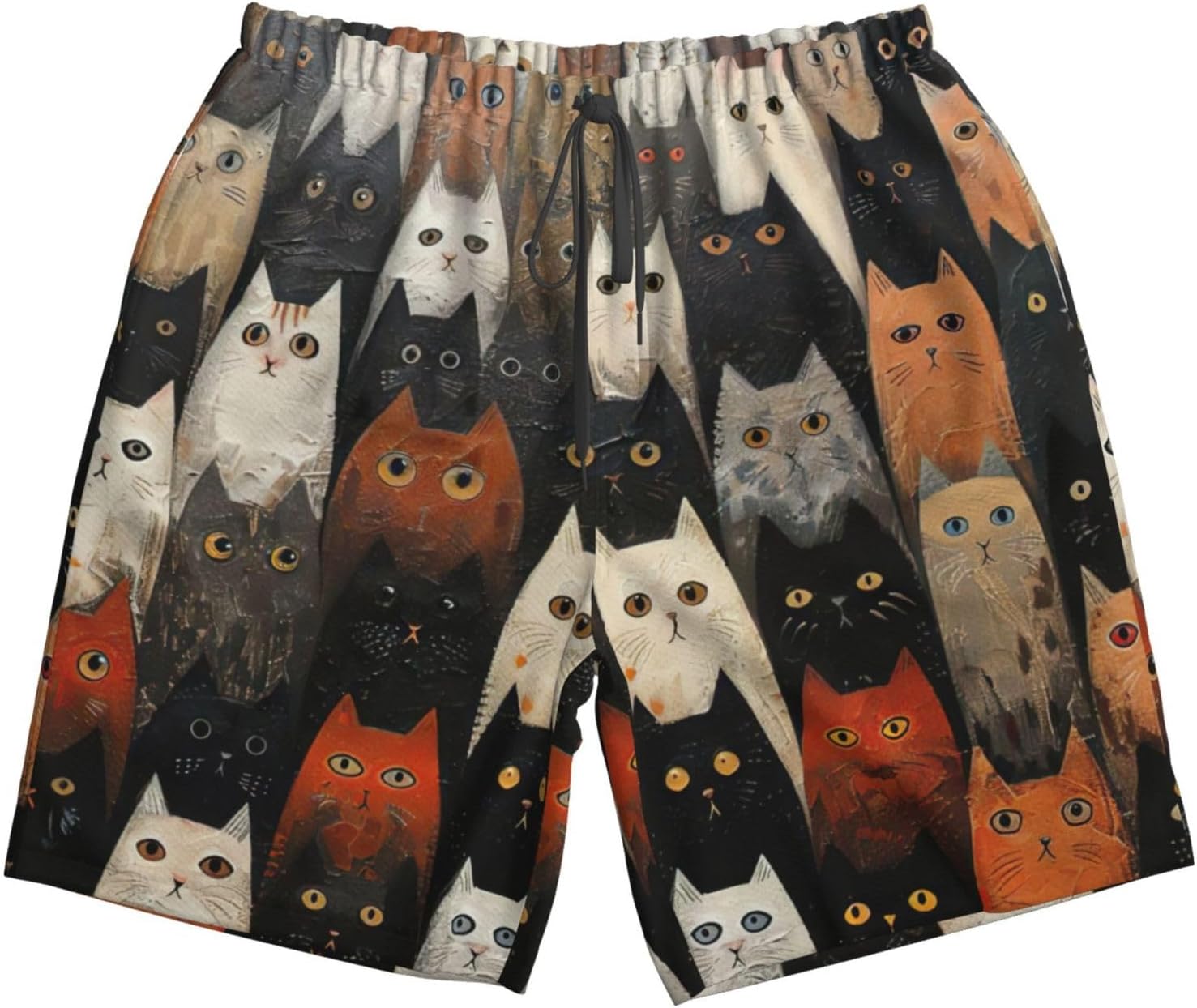 Cat Print Men's Quick-Drying Shorts Casual Beach Pants Stretch Waist Shorts and Pockets