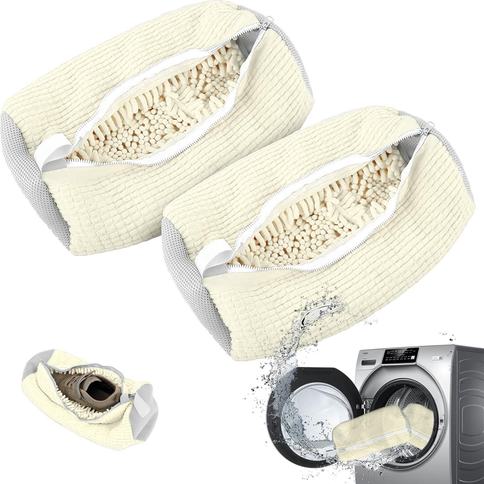 Shoe washing machine bag neaker Cleaning shoe dryer Laundry shoe bag ，Reusable,Shoe washing bag for washing machine and dryer (Beige 2pcs)