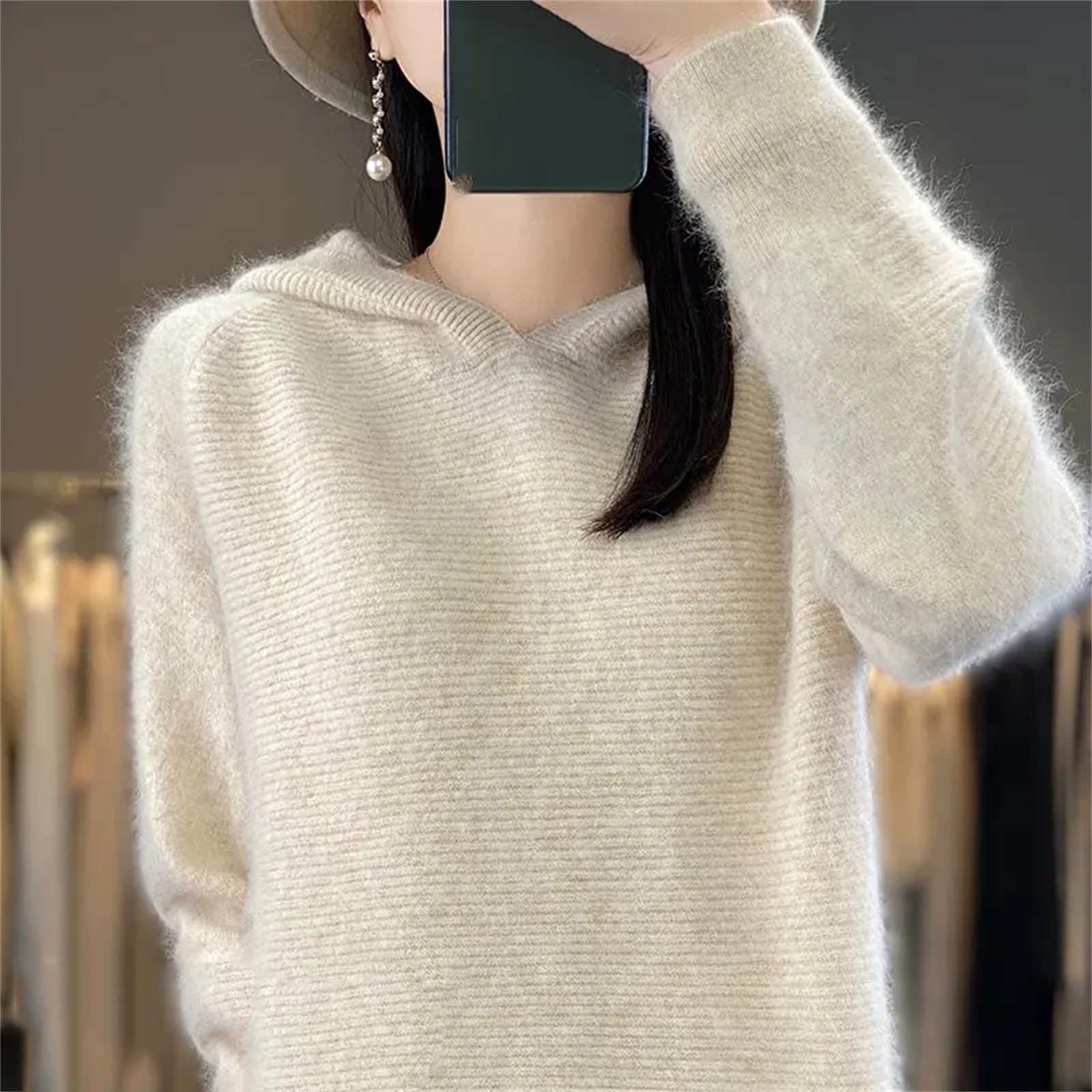 Maglione da donna lavorato a maglia con cappuccio in cashmere abbigliamento sportivo moda top femminile pullover maglione blu, Blu, L