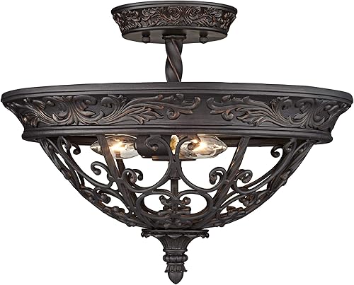 Miniatura 6 de Franklin Iron Works Iluminación de techo rústica de campo de desplazamiento francés, accesorio de montaje semiempotrado de bronce frotado de 16 12