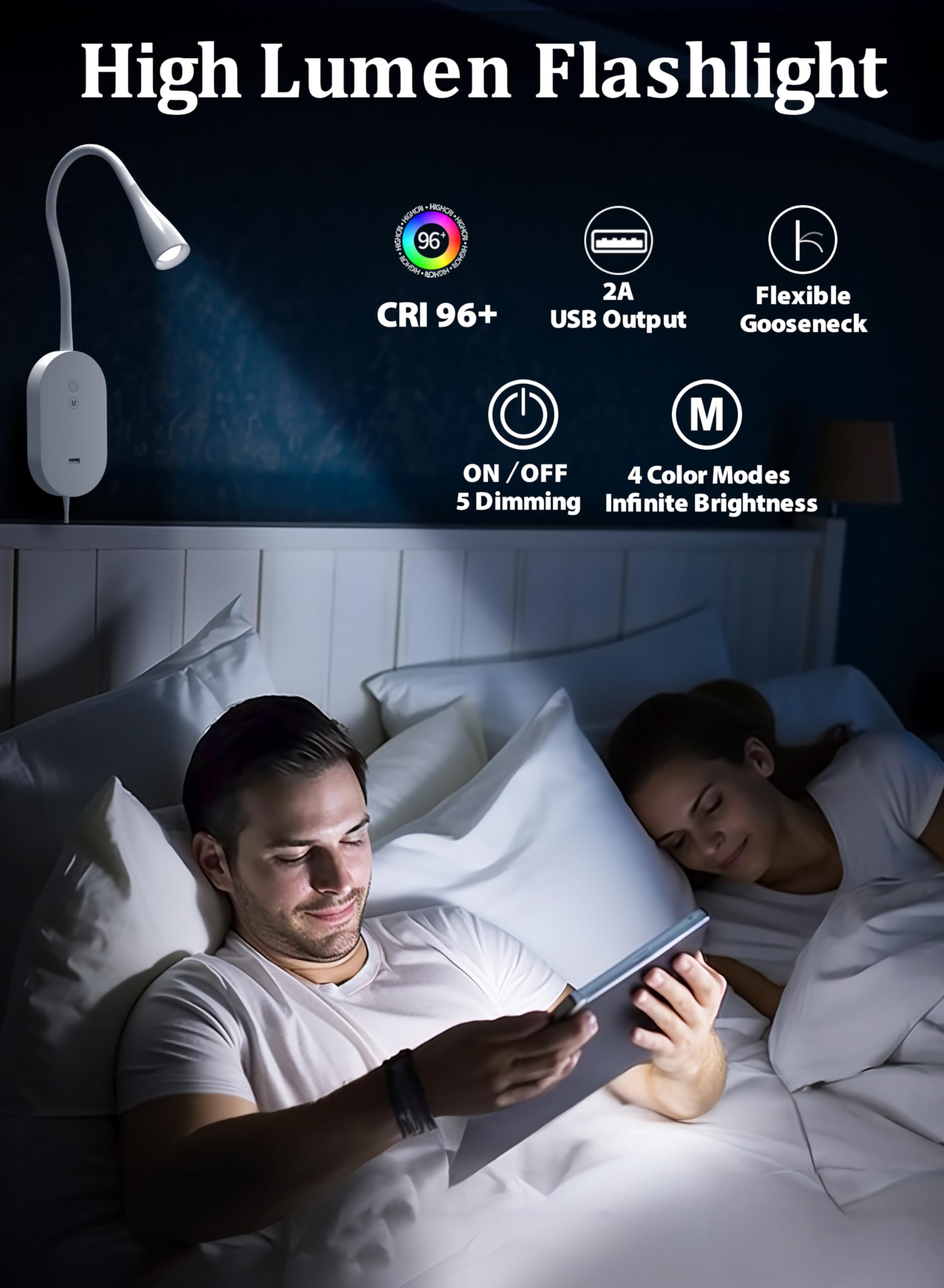 TOPMB Wall Reading Light for Bed 3000K Cozy Book Light with USB Output, 5 Dimmable Touch Control, 4-Hour Auto Off - Image 2