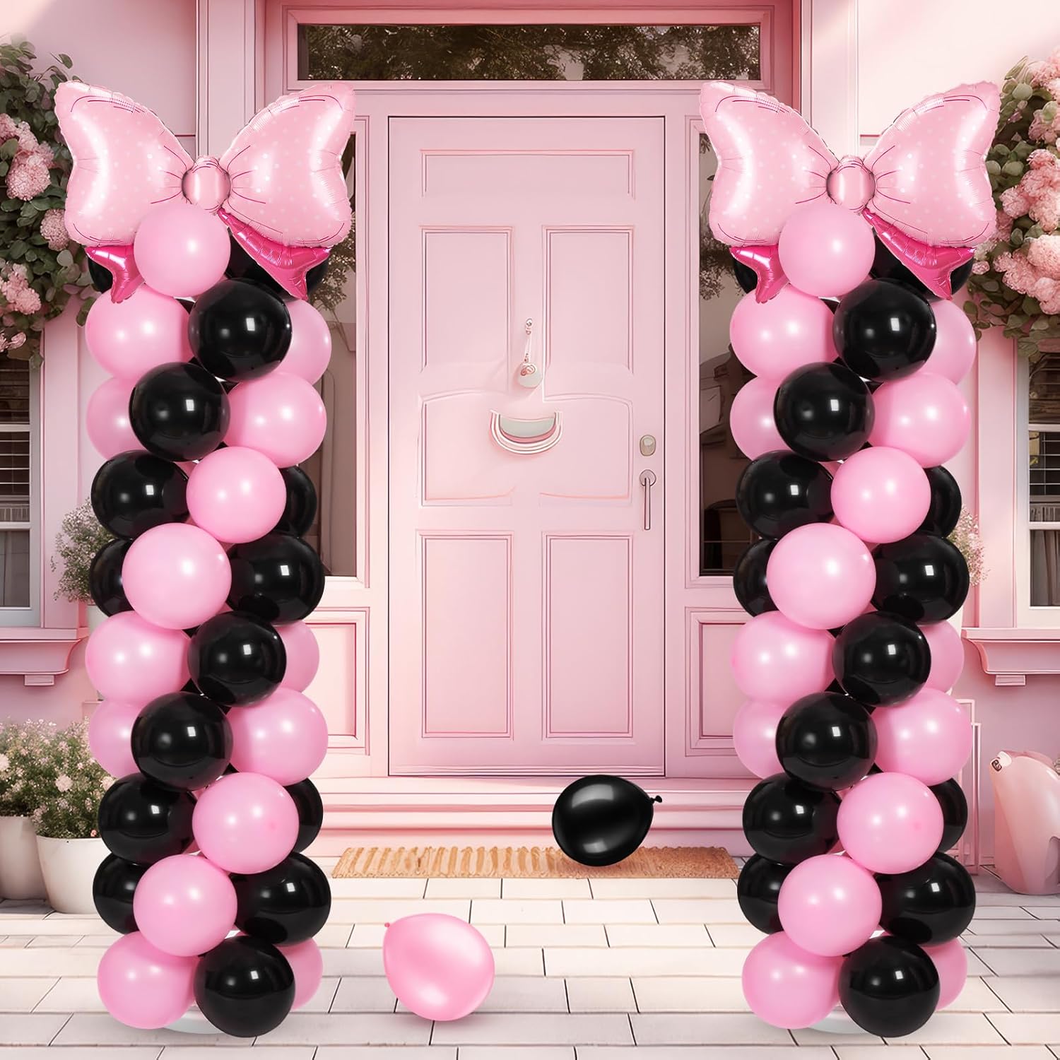 Leitee 2 Sets Adjustable Black Pink Bow Balloon Column Stand Kit Include 143 Pcs Black and Pink Adjustable Balloon Stands Kit for Bow Coquette Themed Party Graduation Birthday Wedding Floor Decoration