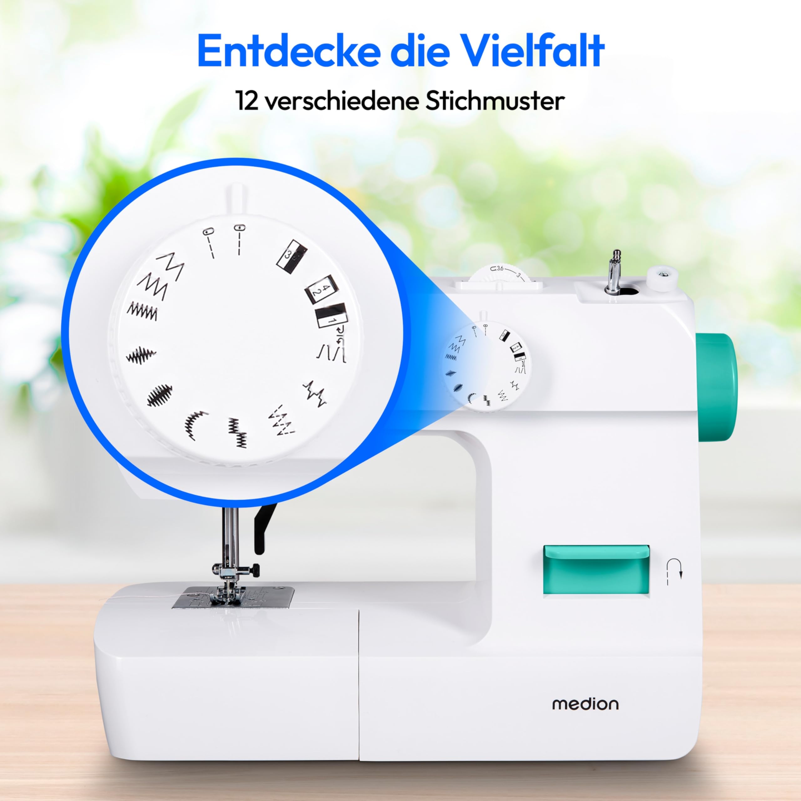 MEDION Nähmaschine SM70 (70 Watt, 12 verschiedene Stichmuster, LED-Nählicht, verstellbare Stichlänge, Rückwärtstaste, Fadenabschneider, MD11179) türkis