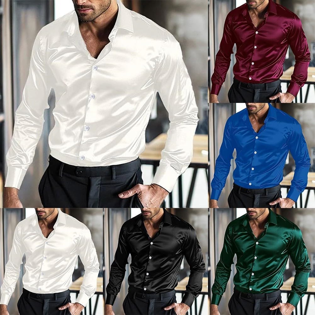SPORTARC Camicia da uomo in raso di seta, a maniche lunghe, casual, per matrimoni, feste e discoteche