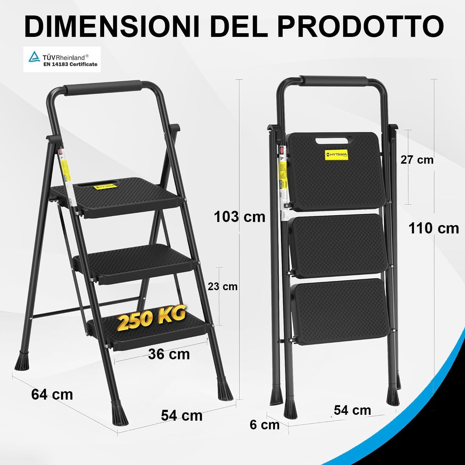 HYTAMA Scala Scaletta Pieghevole 3 Gradini Nero con Piedini Antiscivolo, Struttura in Acciaio, Impugnatura in Spugna, Leggera, Multiuso, Certificata EN14183 testata fino a 250Kg