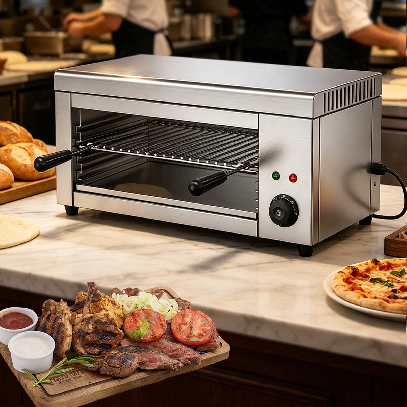 RUODATONLY Salamander Broiler, 2000W Electric Cheese Melter w/ 572°F Heating and Stainless Steal Body, Commercial Broiler w/Removable Crumb Tray, Salamander Grill For Pizza, Grill Steaks, Sandwiches