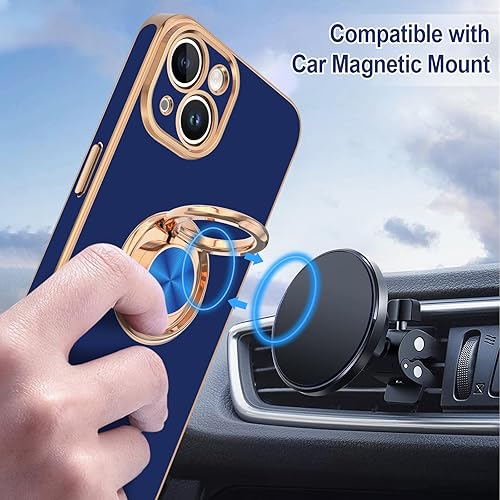 Miniatura 5 de Hython Funda para iPhone 15 Plus con soporte de anillo, soporte de anillo giratorio de 360, soporte magnético, chapado en oro rosa, cubierta suave,