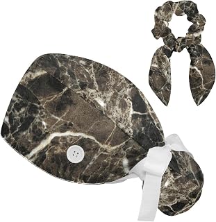 FVQL 2 Pieces Surgical Cap for Long Hair Scrub Cap with Hairband Nurse Cap, Marble Vintage Pattern