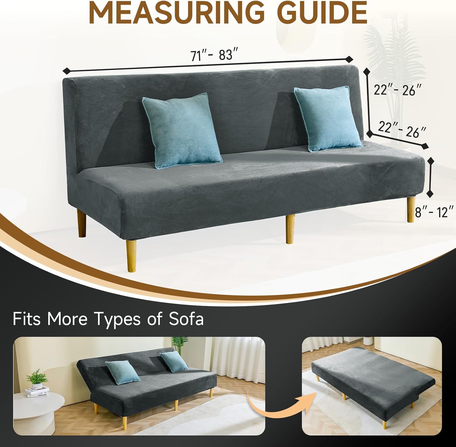 Armless Futon Cover Velvet Futon Slipcover Soft Stretch Couch Covers with No Arm Sofa Bed Cover with Non-Slip Thick Plush Furniture Protector Washable Couch Slipcovers for Living Room(Dark Grey)