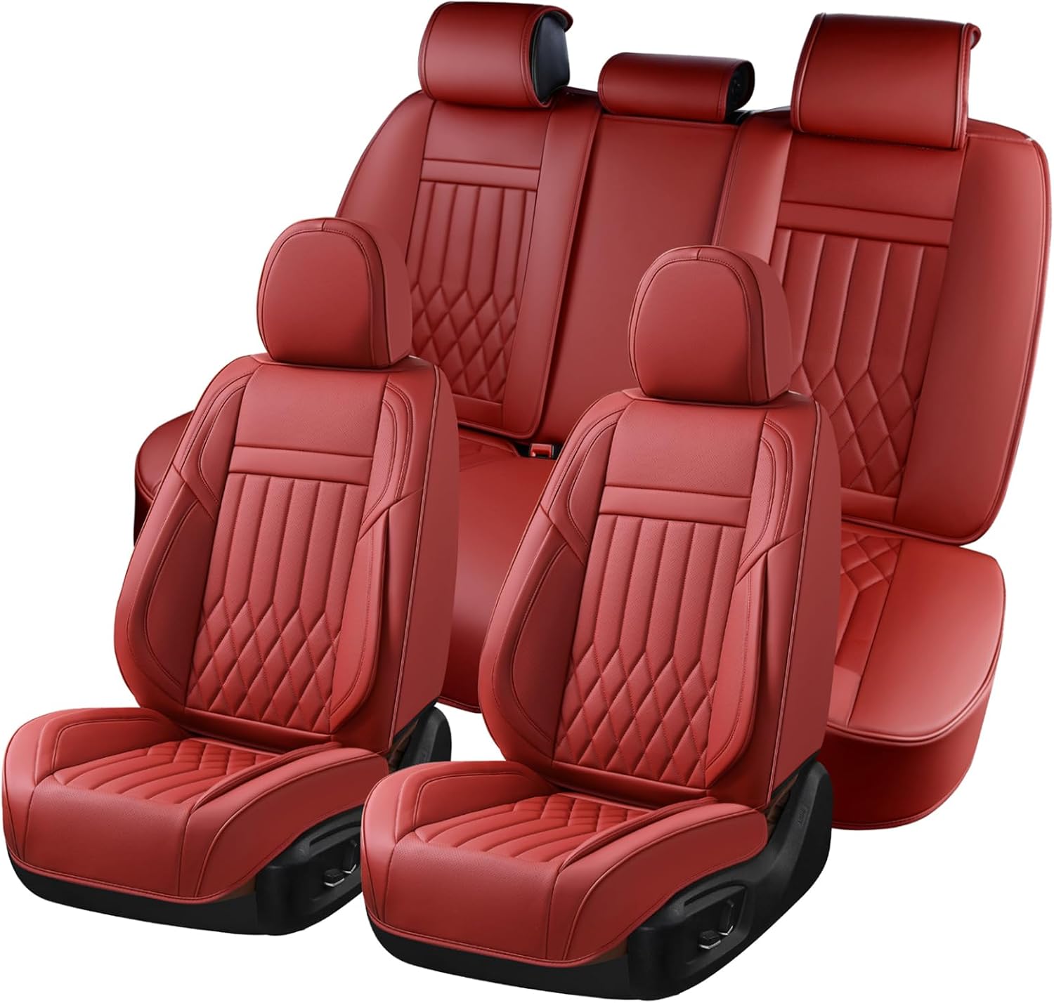 KEYOOG 5-Seater Waterproof and Breathable Nappa Leather Car Seat Covers Full Set, Fit for Front and Rear Seats of Cars, Compatible with Airbags, Car Seat Protector Covers for Most Cars - Wine red