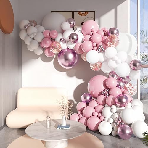 Miniatura 5 de Kit de arco de guirnalda de globos rosa y blanco, 104 globos de látex de confeti rosa metálico dorado para baby shower, cumpleaños, boda,