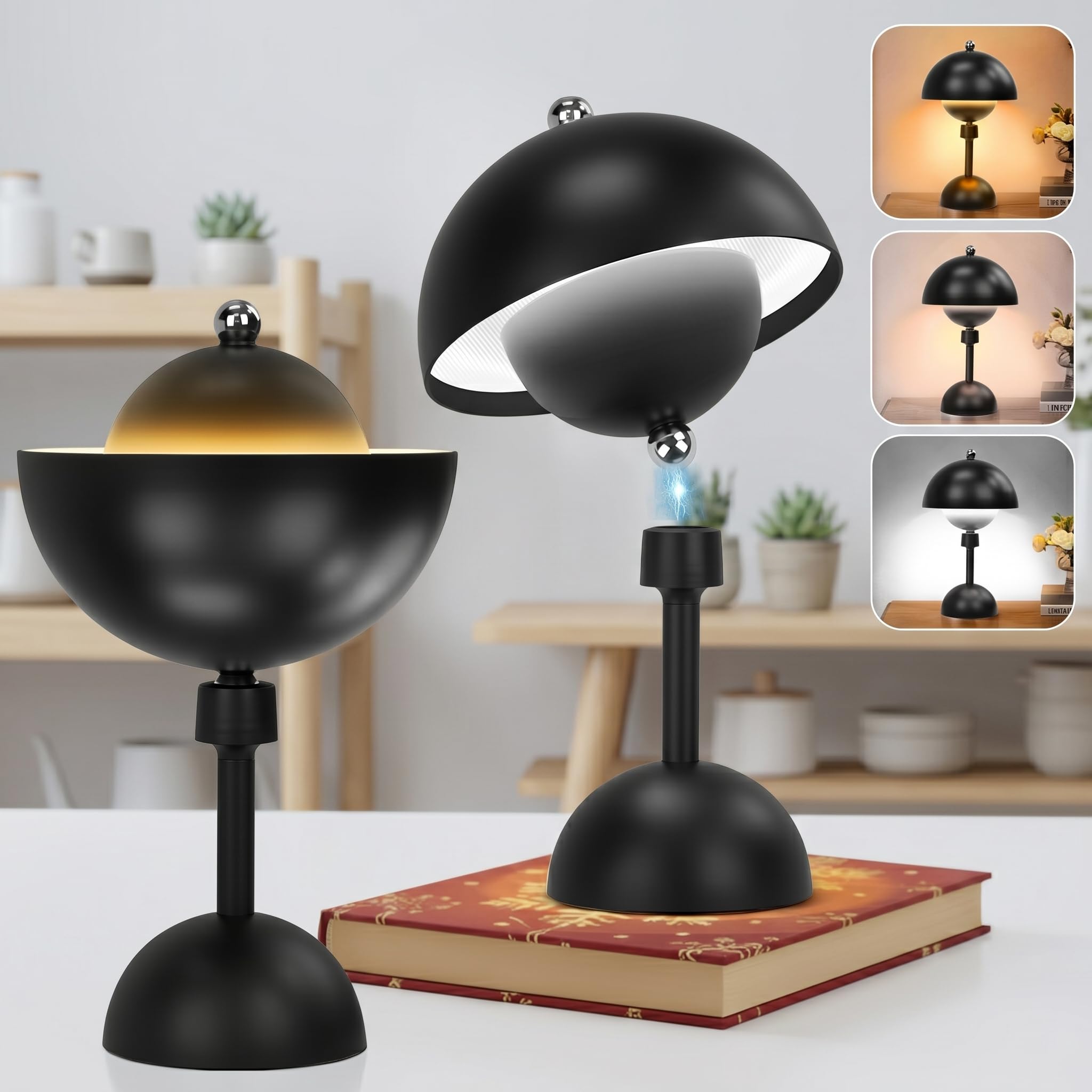Rosnek Tischlampe Kabellose LED, 360° Magnet Schwenk Kabellose Pilz Lampe, 5000 mAh Dimmbare Akku, 3 FarbUnbegrenztes Dimmen Nachttischlampe, Outdoor/Indoor Tischlampe Akku (Schwarz, 2er Pack)