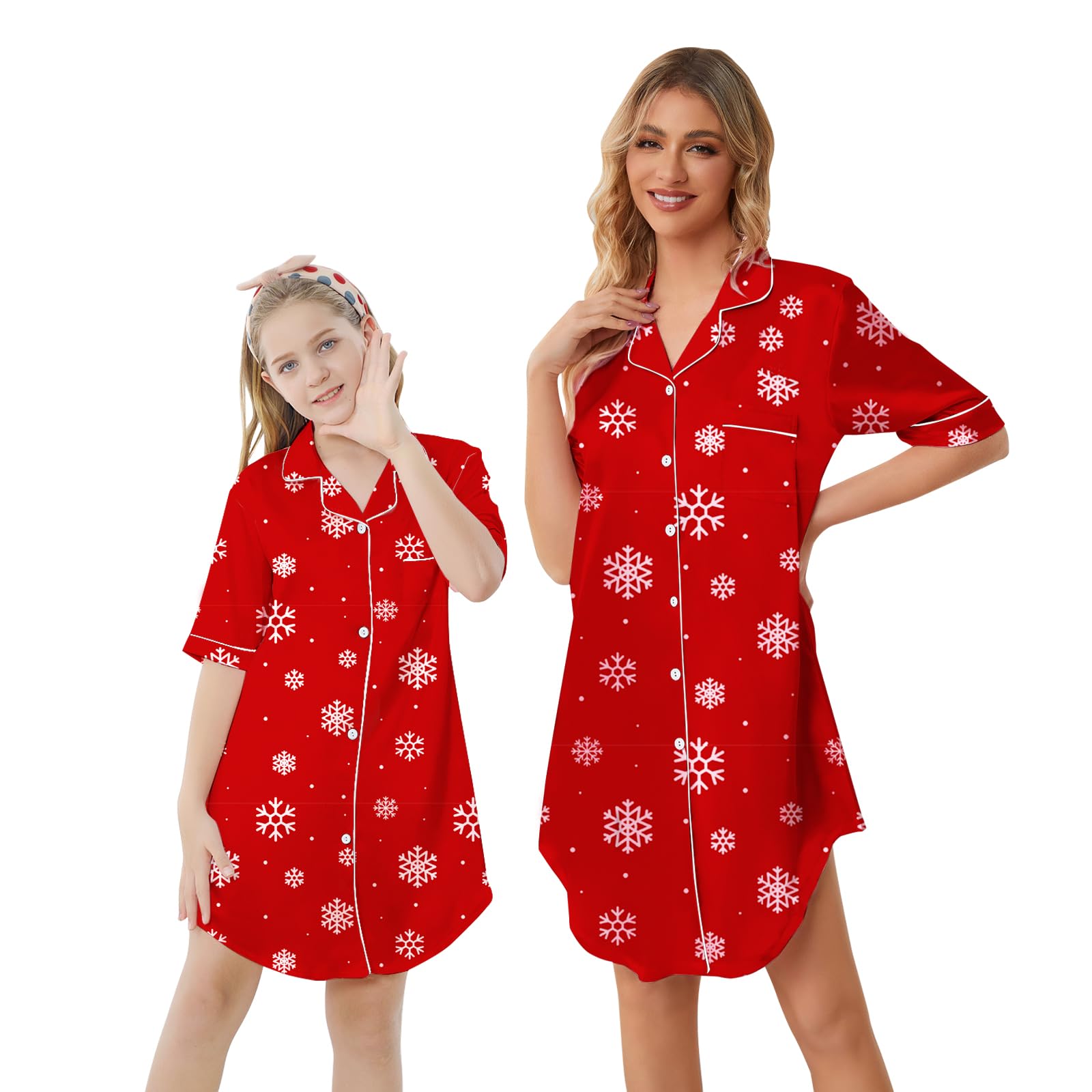 Schbbbta Girls &amp; Women Silk Nightgown, Short Sleeve Button Down Satin Nightshirt Pajama House Dress, 3 Years- Women 2XL