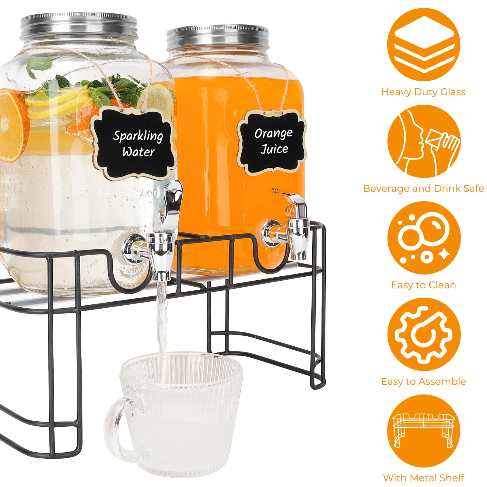 Dispensadores de bebidas de vidrio de 1 galón, paquete de 2 dispensadores de bebidas transparentes con soporte y espiga para fiestas, dispensador de bebidas con núcleo de hielo y calcomanía