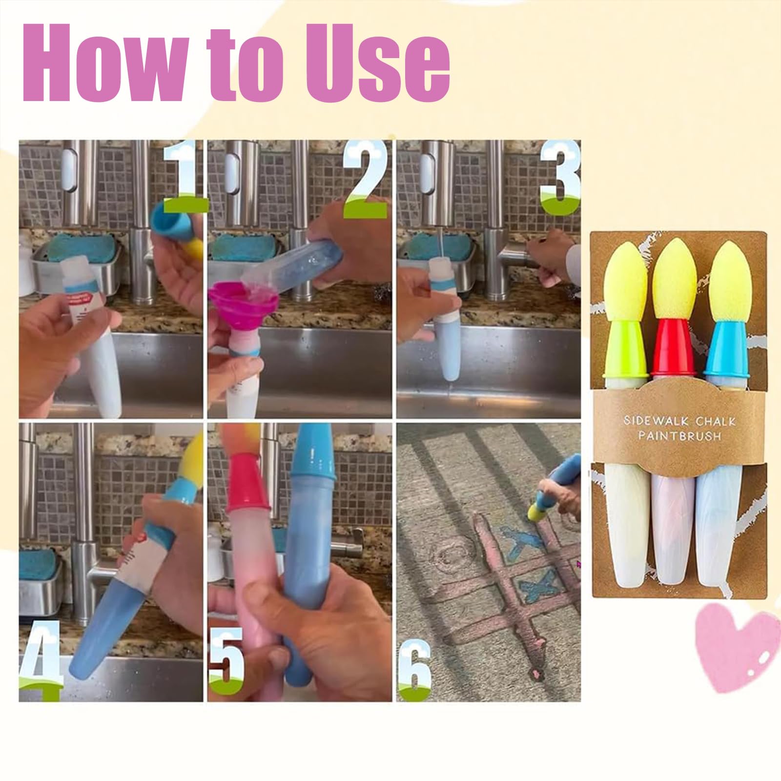 Pintura de Tiza para aceras, 9 Pinceles Lavables con Polvo de Tiza, Reutilizables. Solo Hay Que añadir Agua para Usar. Fácil de Limpiar para Que los niños creen Arte al Aire Libre. (3PCS)