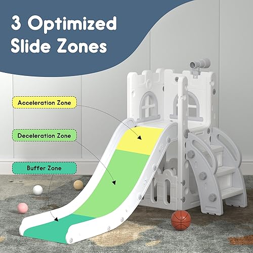 Miniatura 3 de Tobogán para niños pequeños 6 en 1, juego de juegos para niños pequeños para interiores y exteriores, tobogán para bebés con aro de baloncesto