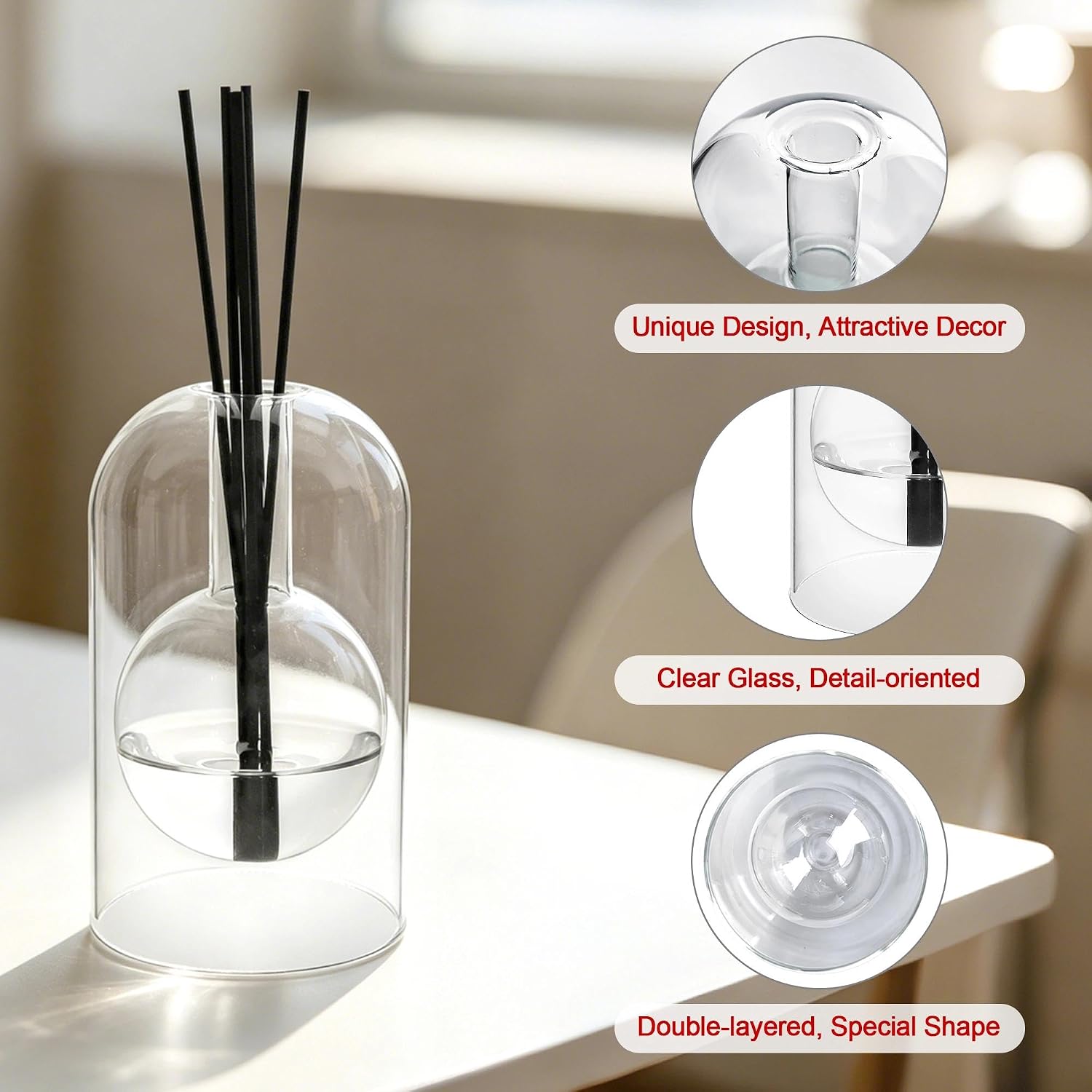 Empty Glass Reed Diffuser Bottles 2pcs Essential Oil Diffuser Jar 7oz/220ml Clear Double Wall Cylindrical Aromatherapy Container with Inner Round Chamber Modern Decorative Vase for Home Office Decor