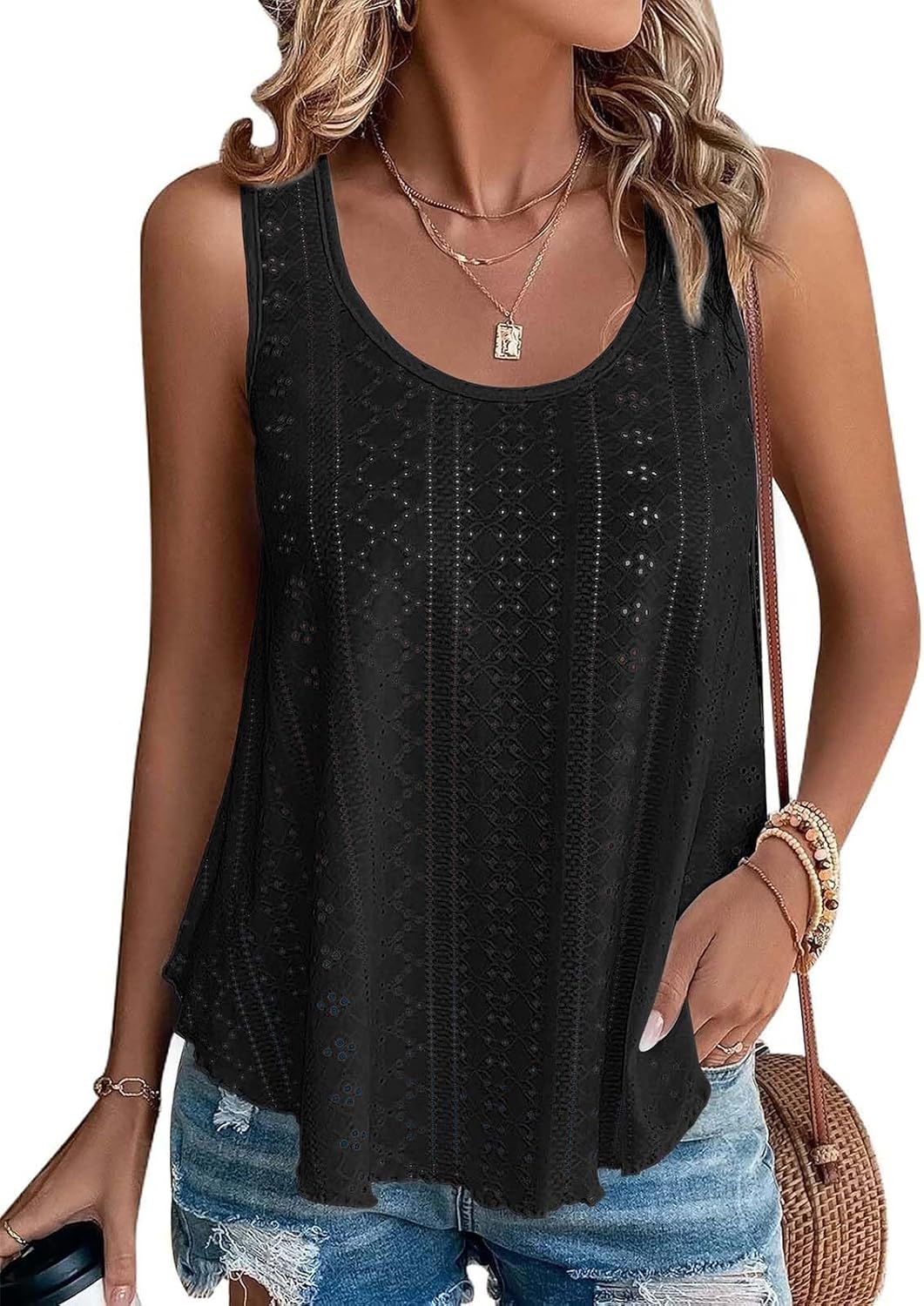 ATHMILE Womens Tank Tops Sleeveless Eyelet Embroidery Scoop Neck Loose Fit Casual Summer Flowy Beach