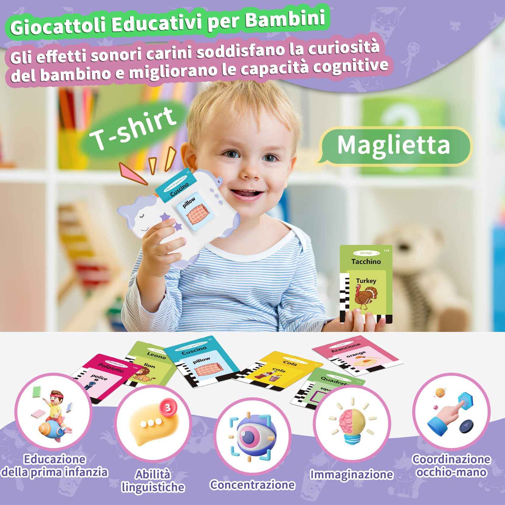 Flashcards Parlanti Giocattoli Montessori, Giocattoli Educativi per Bambini, 224 Parole 14 Temi, Autismo, Regalo di compleanno Regalo di Natale per Bambino (Viola Italiano)
