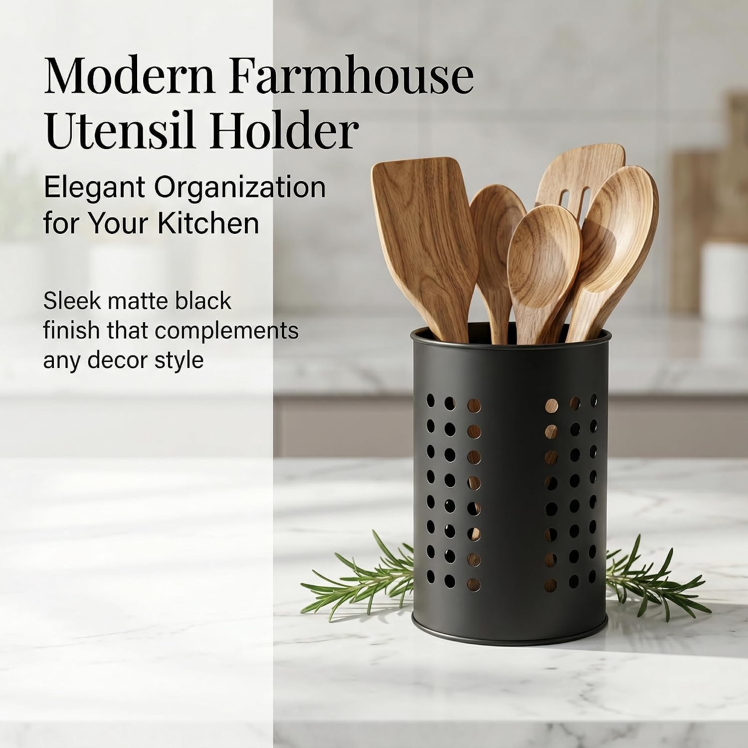 Black Stainless Steel Kitchen Utensil Holder, Countertop Organizer with Multi-Hole Ventilation, Farmhouse Style, 4.72 x 7.08 Inch