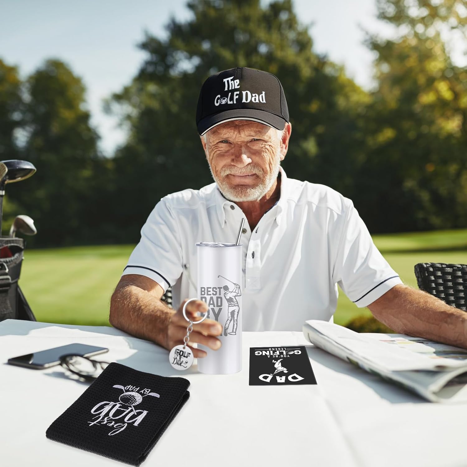 Geiserailie 7 Pcs Golf Gifts for Dad Men Golfing Accessories Gift for Golfer Lovers 16oz Golfing Tumbler Hat Sock Towel Keychain Card Box for Him Father Boyfriend Brother Birthday(Timeless) - Image 5