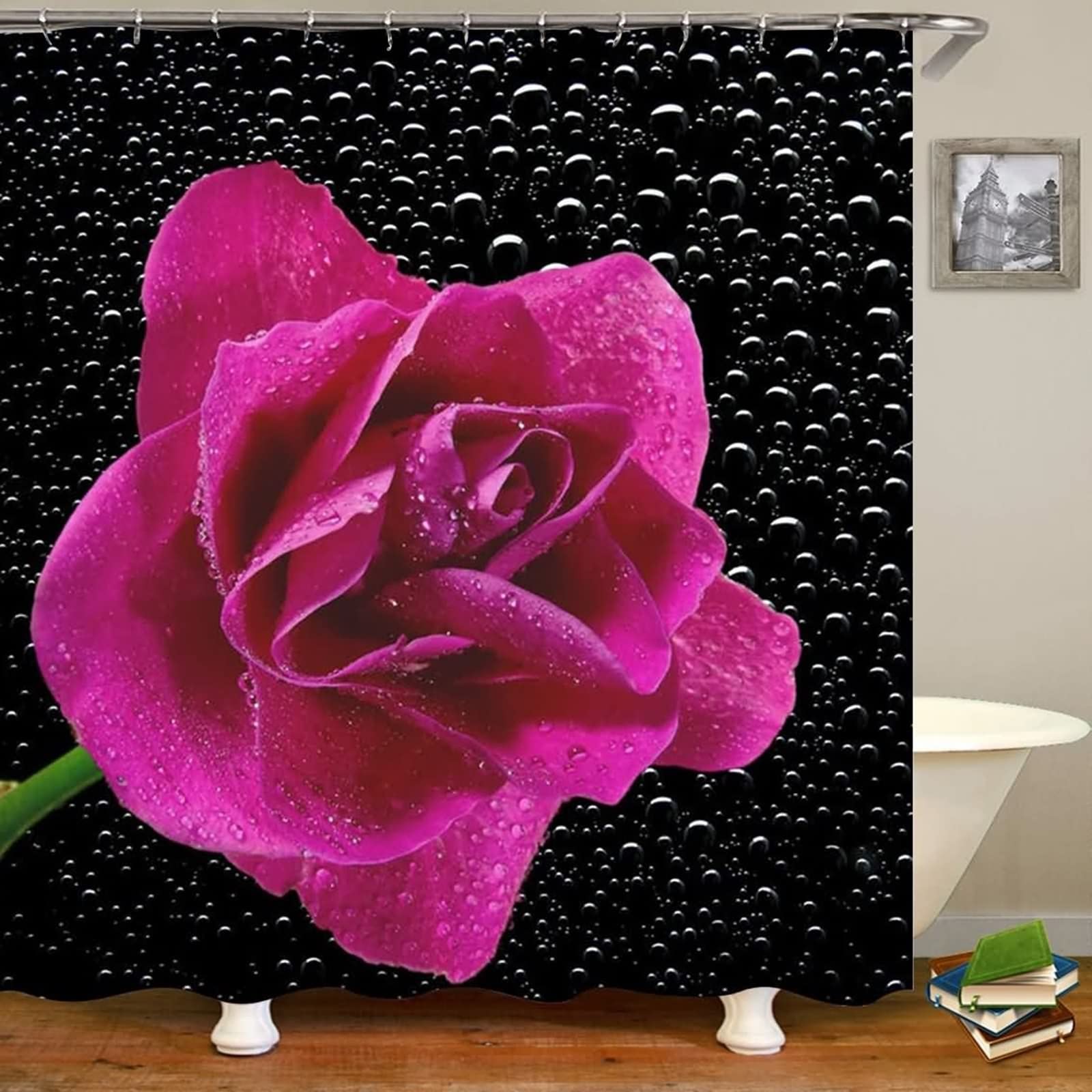 Rideau douche chic mauve noir KnSam motif floral haut de gamme