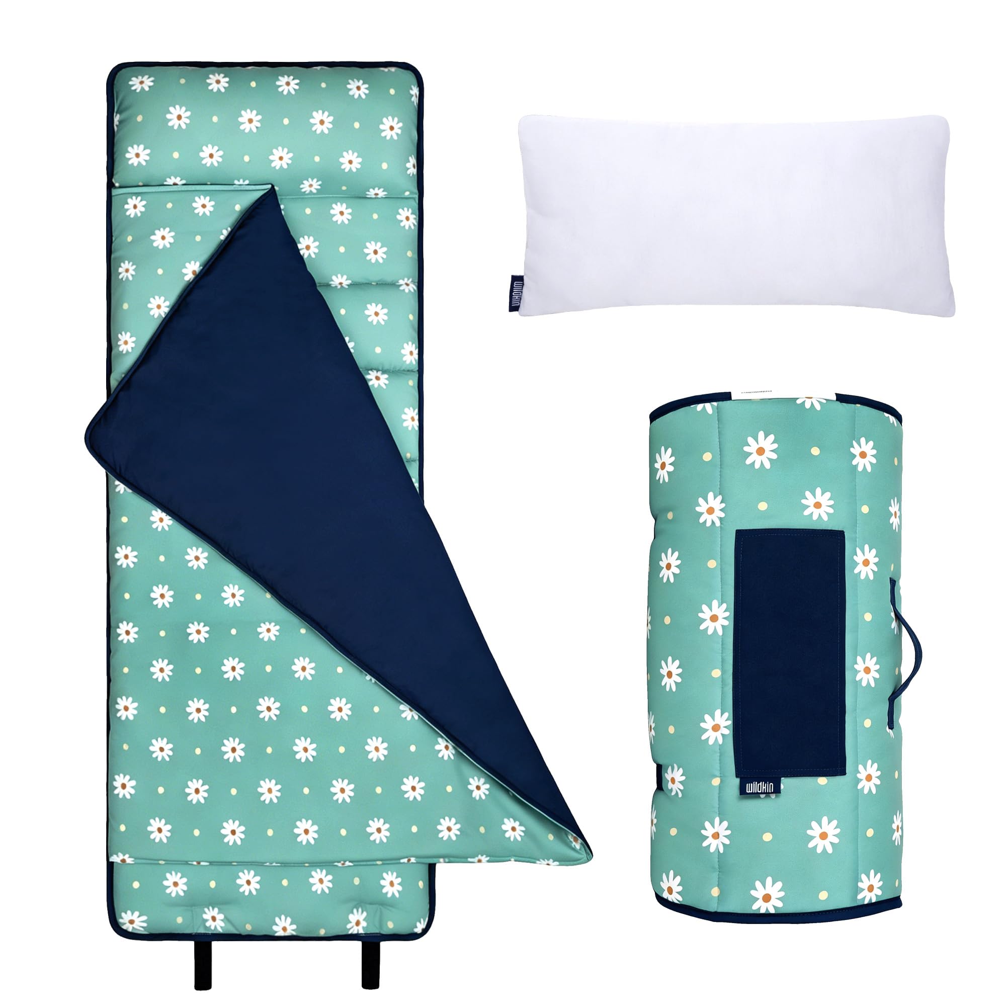 Wildkin Microfiber Nap Mat for Kids | 50 x 20 in all-in-one microfiber nap mat with attached blanket, removable pillow, roll-up straps and carry handle. Daisy