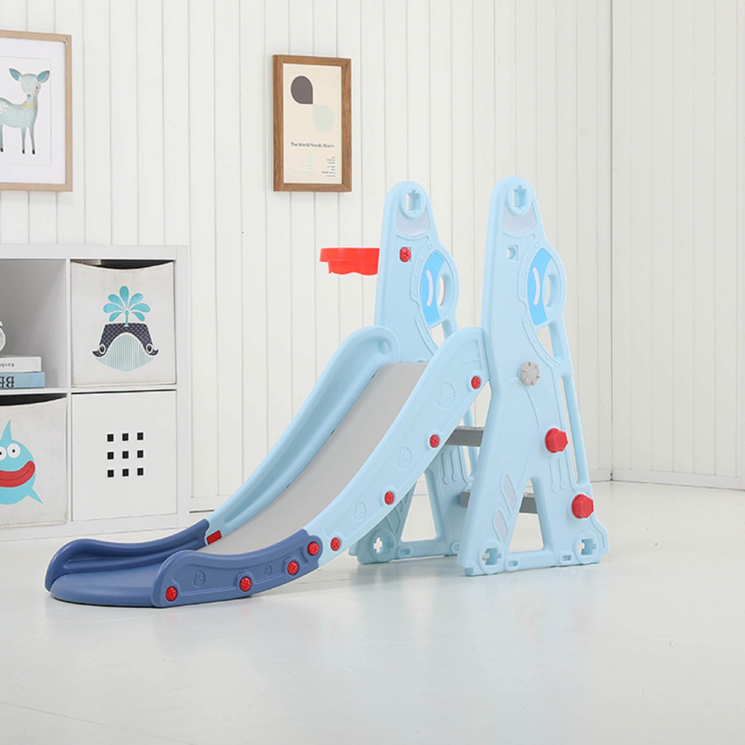 2 in 1 High Quality Rabbit Style Children Single Plastic Small Kid's Slide with Basket Ball Hoop