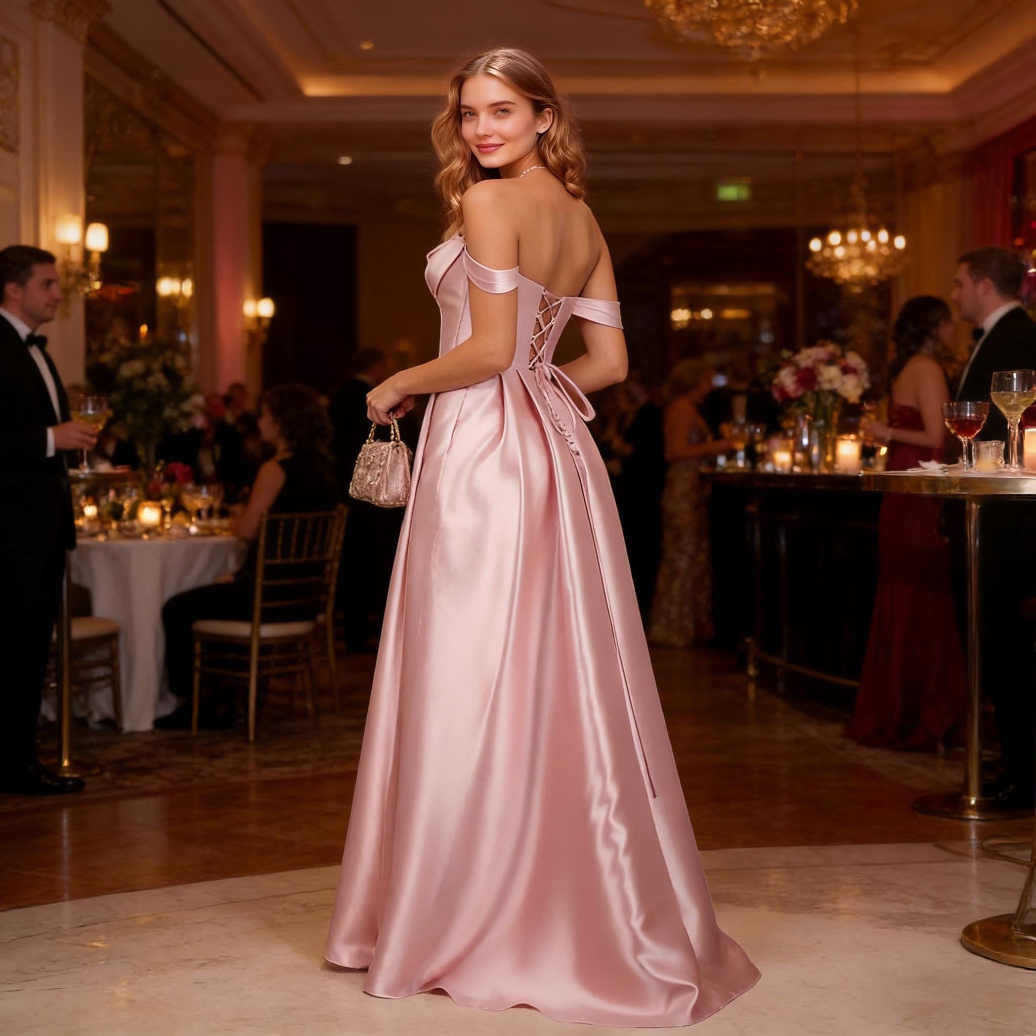 Off spalla raso Prom abiti con fessura senza spalline una linea corsetto abiti da ballo lunghi abiti da sera formale con tasche