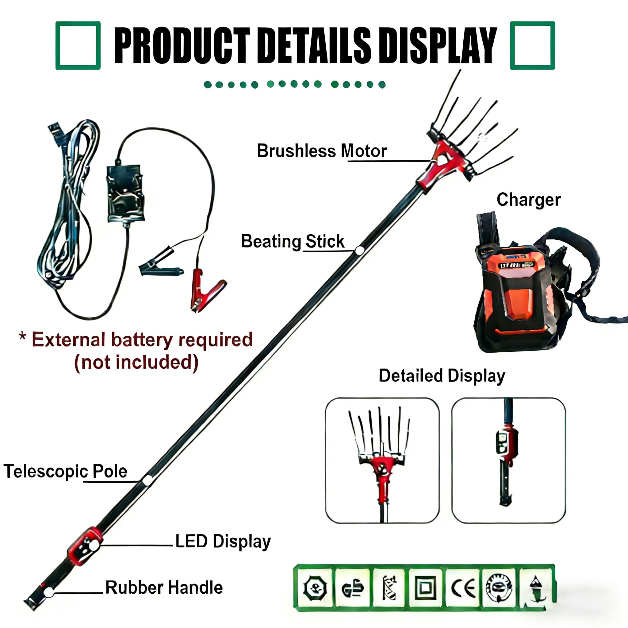 Recolector eléctrico de frutas con mango extensible, de 5.74 a 9.84 pies, ideal para cosechar aceitunas, aguacates, limones, peras y mangos