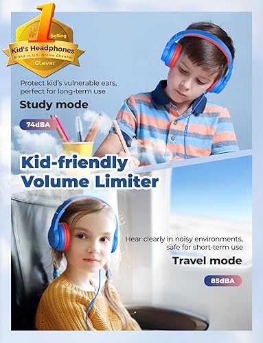 Vista 2 de iClever Kids Headphones for School Travel, Safe Volume Limited, HD Mic Stereo Sound Over-Ear Girls Boys Headphones for Kid, FunShare Foldable 3.5mm