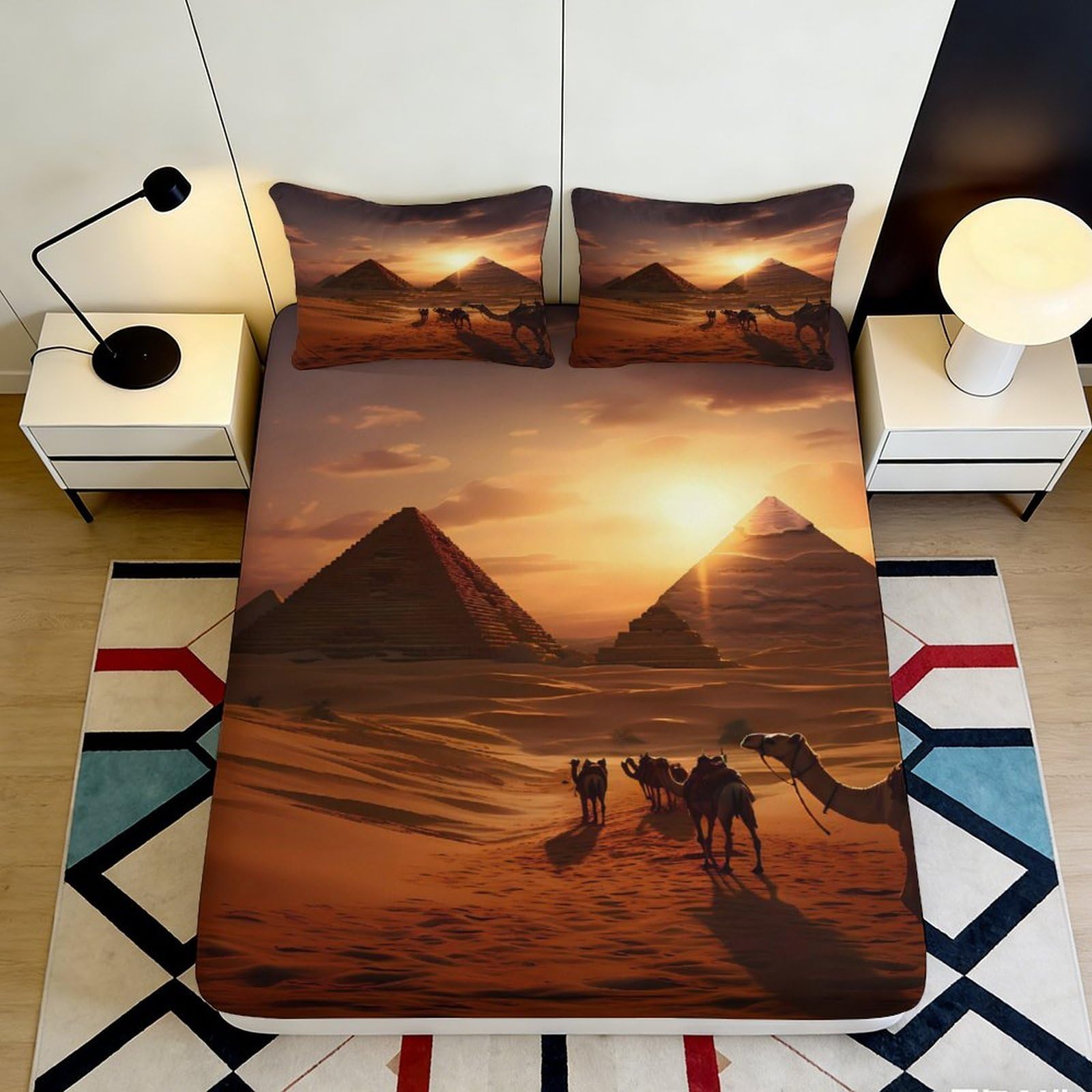 3D Printed Egyptian Pyramid Sunset Fitted Sheet Microfiber Soft Anti-slip Bed Sheet for Bedroom Guest Room Decor 90x200x25cm