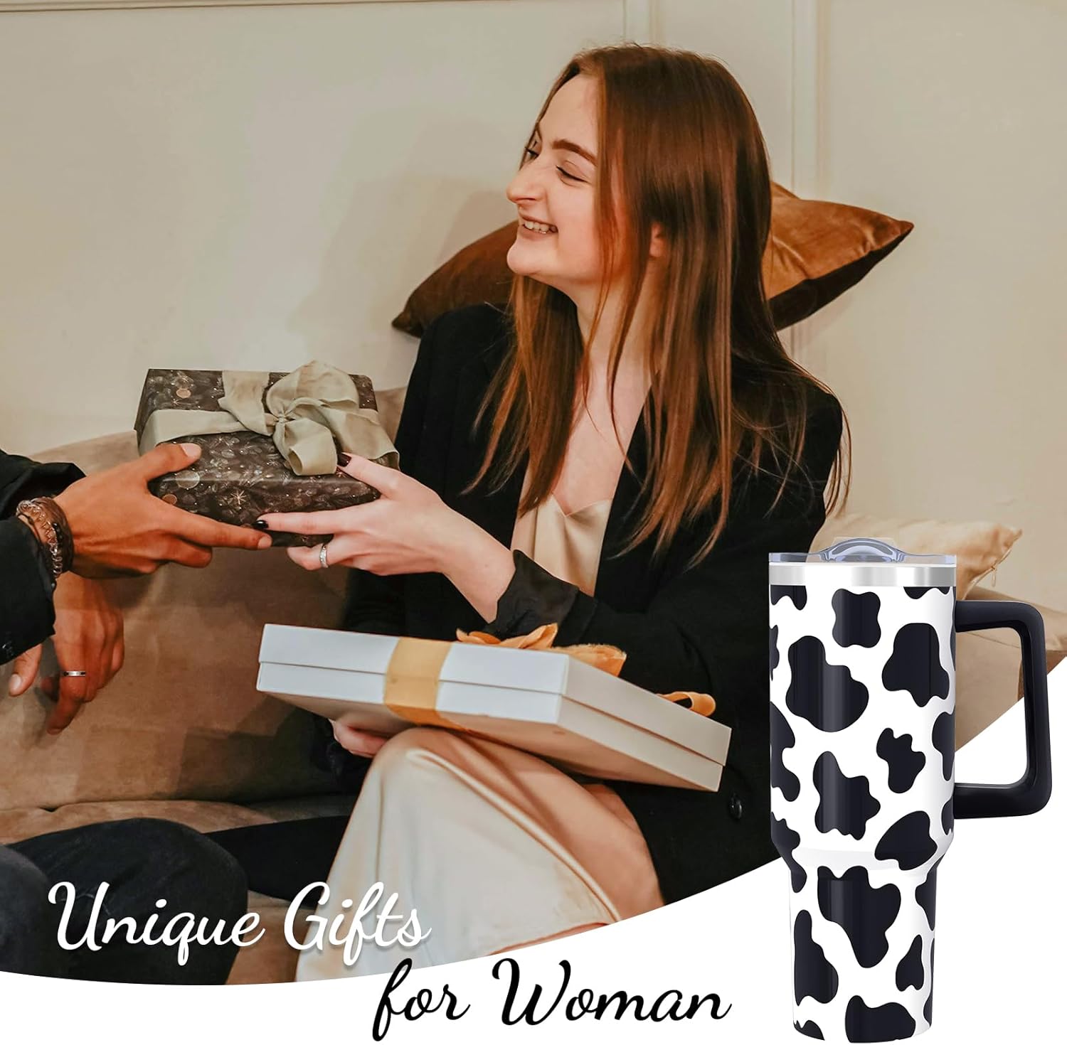 40oz Cow Print Tumbler With handle, Stainless Steel Leak Proof Travel Coffee Mug Cup Water Bottle Tumbler With Lid and Straw, Cow Gifts for Women Birthday Christmas Mothers Day - Image 6