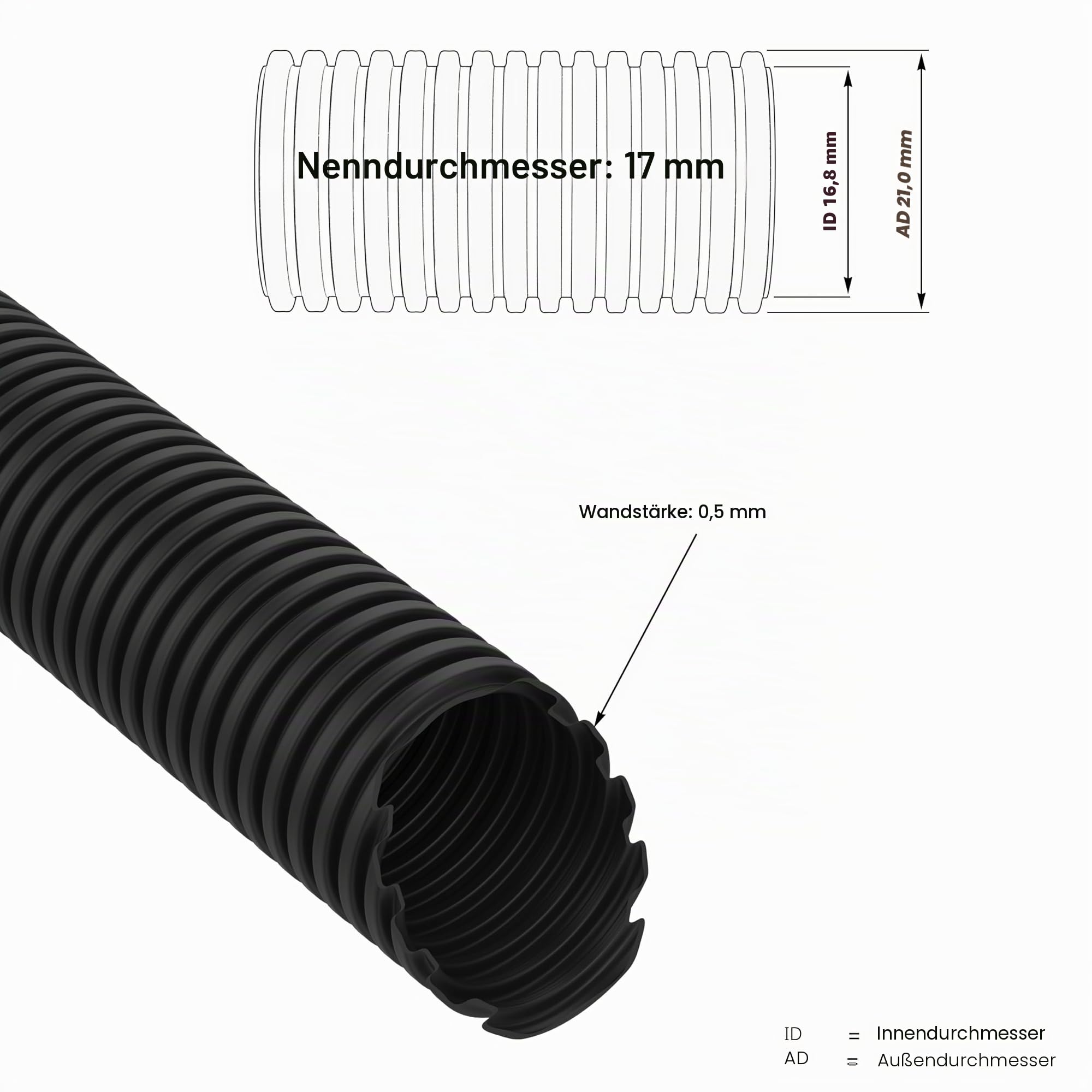 AUPROTEC Wellrohr ungeschlitzt 2 bis 50m / Leerrohr für Erdkabel/Wellrohr UV beständig/Kabelschutzschlauch/Kabelschlauch schwarz - Innendurchmesser 17 mm, Länge 50 m