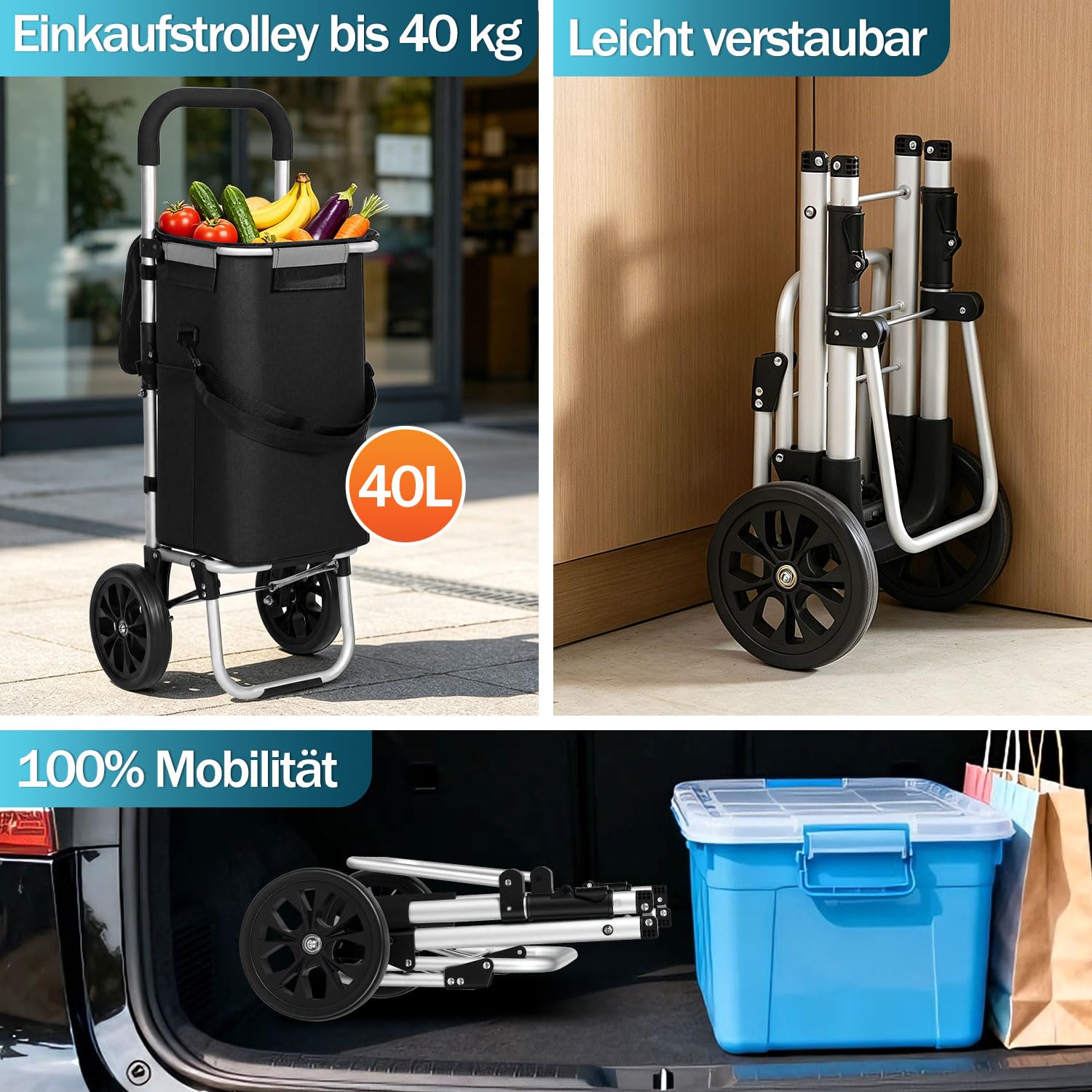 Carrello per la spesa da 40 litri con scomparto frigorifero, pieghevole