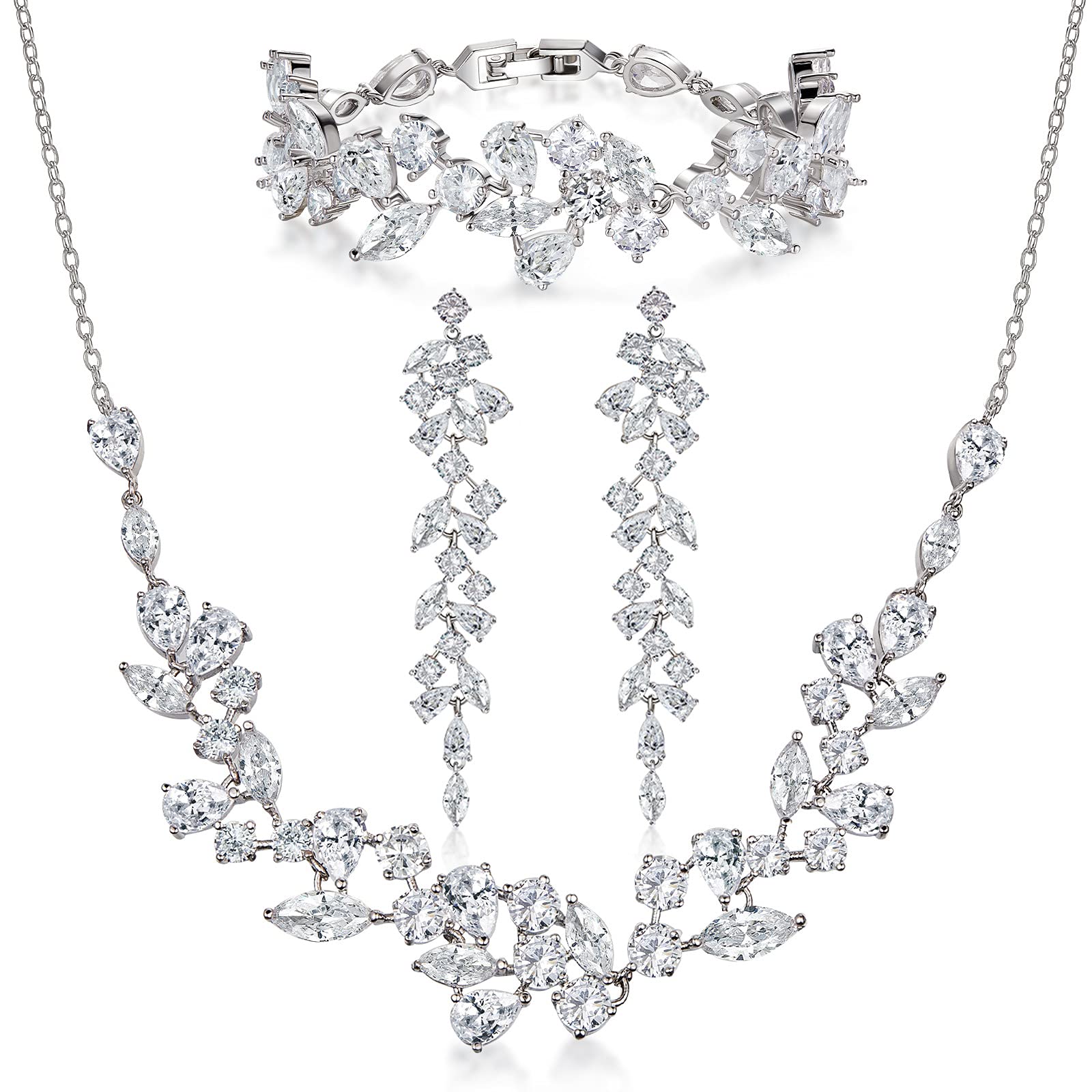 SWEETV Bridal Jewelry Set for Wedding, 3-Pcs Long Floral Necklace Earring Bracelet Sets for Brides, Bridesmaids, Elegant Marquise and Cubic Zirconia Jewelry Set for Women Party Prom Gifts, Silver (B0D8T3XTC1) Amazon Price History, Amazon Price Tracker