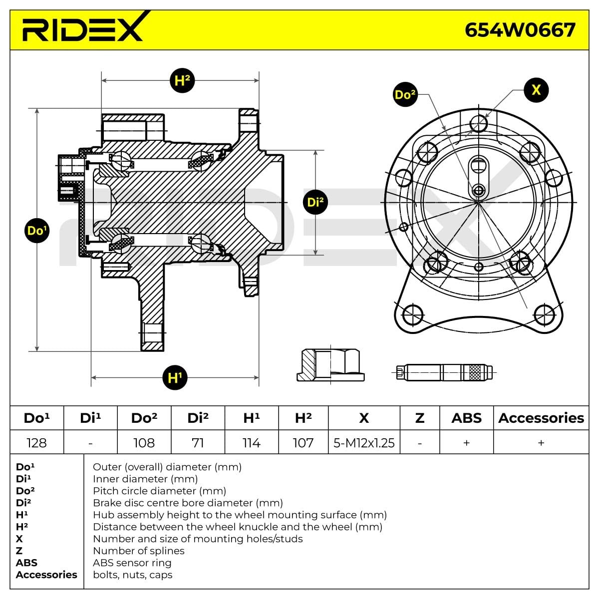 Łożysko Koła RIDEX 654W0667 Tył 137mm Kompatybilny z TOYOTA Proace Van/Kombi MDX, PEUGEOT Expert Tepee VF3X EXPERT nadwozie pełne VF3A, VF3U, VF3X EXPERT platforma/podwozie, FIAT