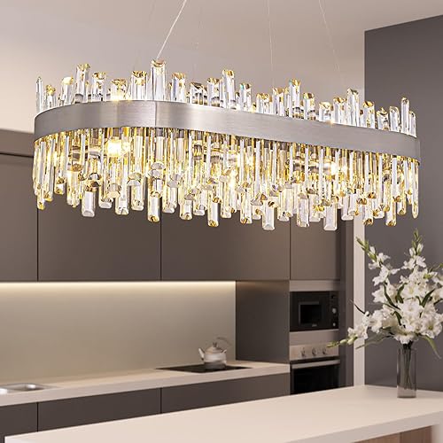 Miniatura 27 de Siljoy Candelabro moderno de cristal de 12 luces de oro cepillado de 2 niveles con forma de gota de lluvia de cristal, ajustable, montaje al ras