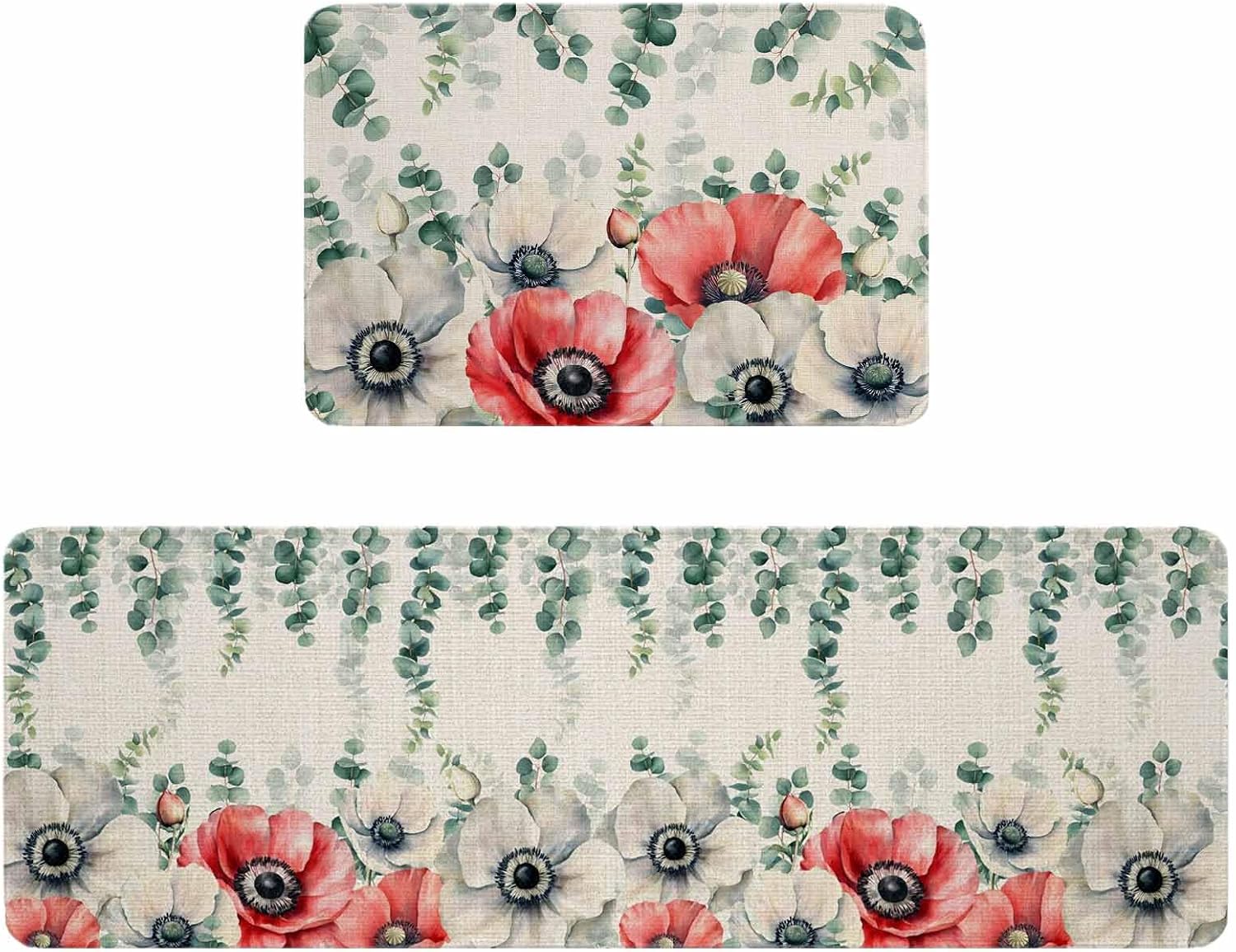 Poppy Flowers Eucalyptus Kitchen Rugs and Mats Set of 2, Non-Slip Kitchen Sink Mat, Farmhouse Weeping Botanical Washable Doormat Bathroom Rugs Runner for Bedroom/Living Room 15.7"x23.6"+15.7"x47.2"