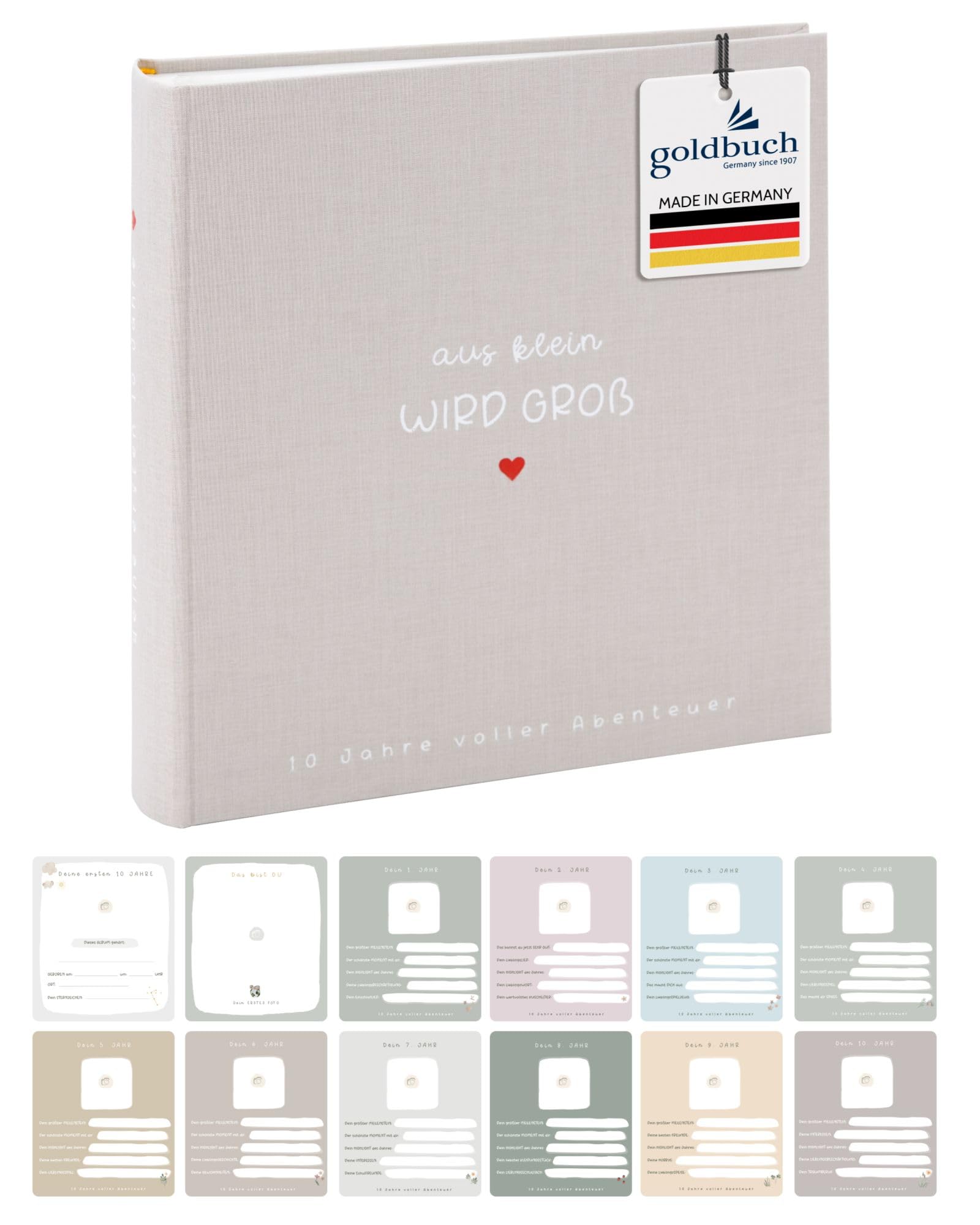 goldbuch 31 033 Fotoalbum Aus klein wird GROß, Fotobuch mit 100 weißen Seiten mit Pergamin Trennblätter, Album mit Leinen Einband, bis zu 600 Bilder, Hochwertiges Papier, Sandgrau, 30 x 31 x 6 cm
