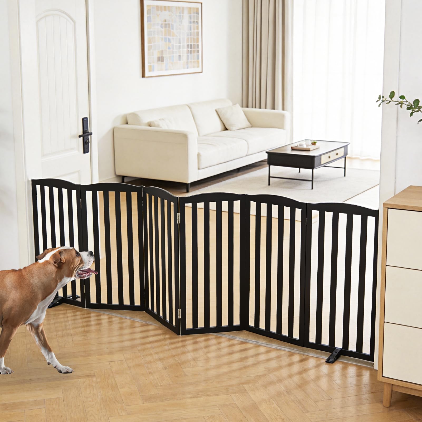 SFJC Freestanding Dog Gate Indoor,Doggie Gate Foldable Pet Gates for Doorways,Stairs or Hallways, Wooden White Pet Gate for The House, Pet Fence with Support Feet Included,32 "Height-6 Panels