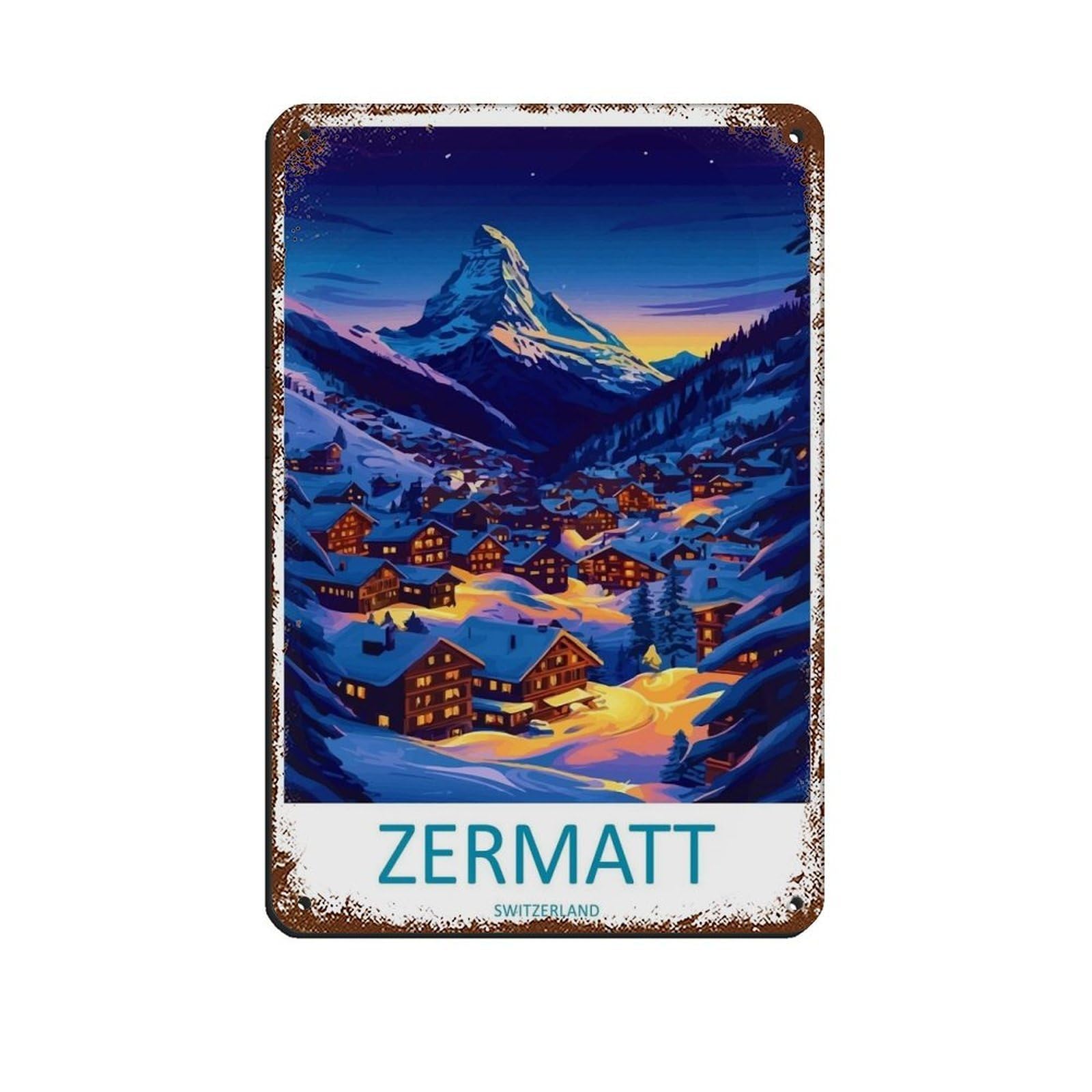 Zermatt Travel Poster Switzerland Art Retro Poster Metal Tin Sign Chic Art Retro Iron Painting Bar People Cave Cafe Family Garage Poster Wall Decoration 8x12inch(20x30cm)