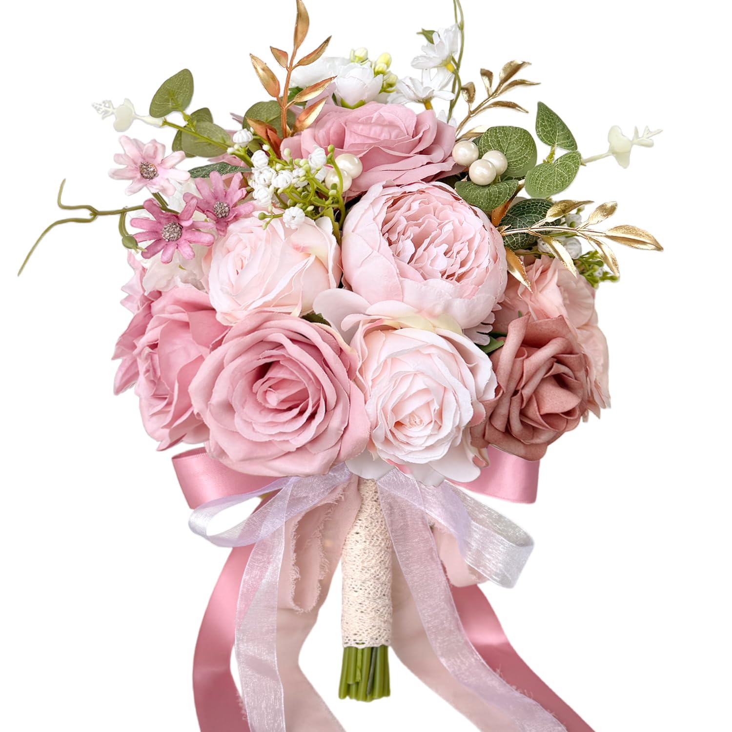 9 Inch Dusty Pink Wedding Bouquets for Bride Bridesmaid, Artificial Fake Roses Gold Flowers Pastel Bridal Bouquet Pearl Spring Summer Boho Rustic Wedding Decoration Toss Bouquet Prom Anniversary