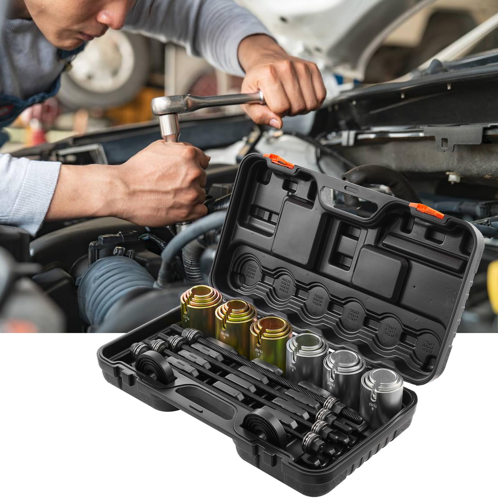 VEVOR 26 PCS de Kit de Manguitos de Extracción y Presión de Cojinetes de Buje de Acero Kit de Inserción y Extracción de Bujes con Estuche Compatibilidad con Varios Vehículos para Motores LCV y HGV