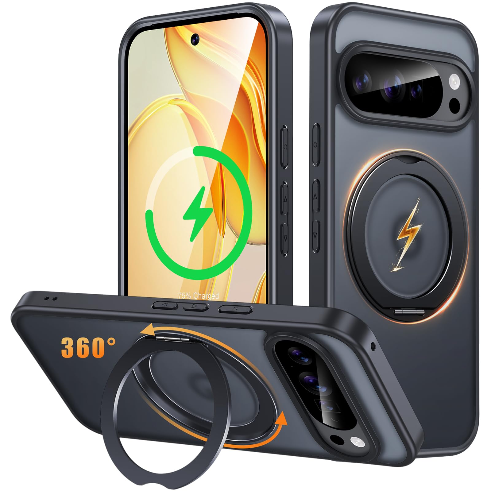 Google Pixel 10 Pro XL 用 ケース Magsafe対応 ワイヤレス充電 360°回転スタンド 縦横両対応 Gunwon スマホケース グーグル ピクセル 10 プロ XL 米軍規格 耐衝撃 半透明 マット感 マグセーフ 防指紋 リング マグネット搭載 ぐーくるぴくせる10 ProXL カバー「ブラック」