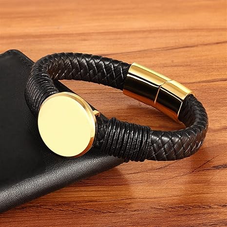Amazon Co Jp 高級クラシックラウンドコインパターンステンレススチールメンズレザーブレスレット編組メンズバングルクリスマスプレゼント Length 19cm Metal Color Black ジュエリー