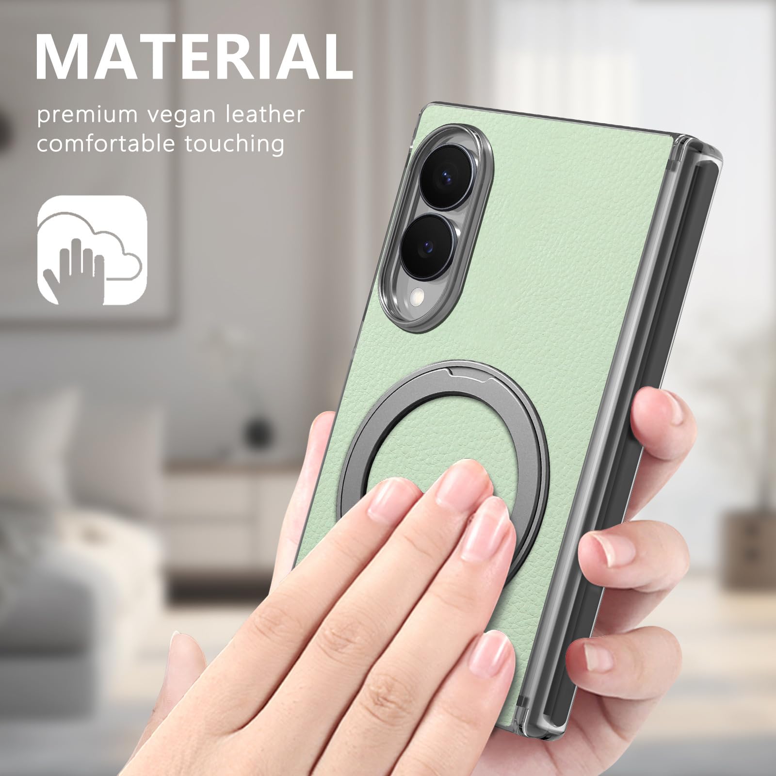 Custodia magnetica for Samsung Galaxy Z Fold 8, con supporto girevole ad anello in metallo Custodia protettiva con cerniera in pelle antiscivolo(Black)