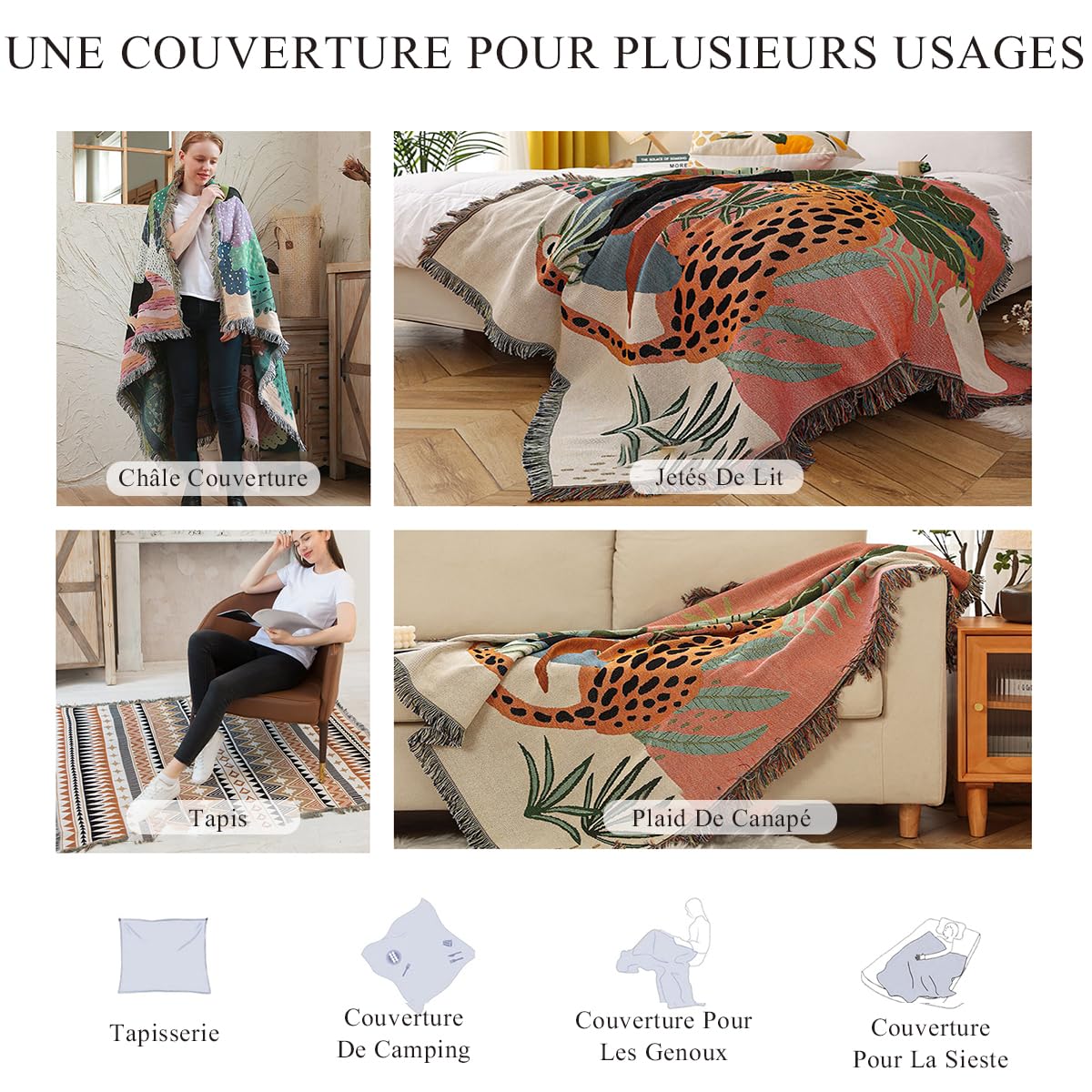 LumiSyne Double Face Couvertures Coton Tissé Jetés De Lit avec Gland Jungle Style Bohême Tapisserie Châle Décorative Jeté De Canapé Couvre-Lit Couverture De Camping Nappes Tapis 160x130cm